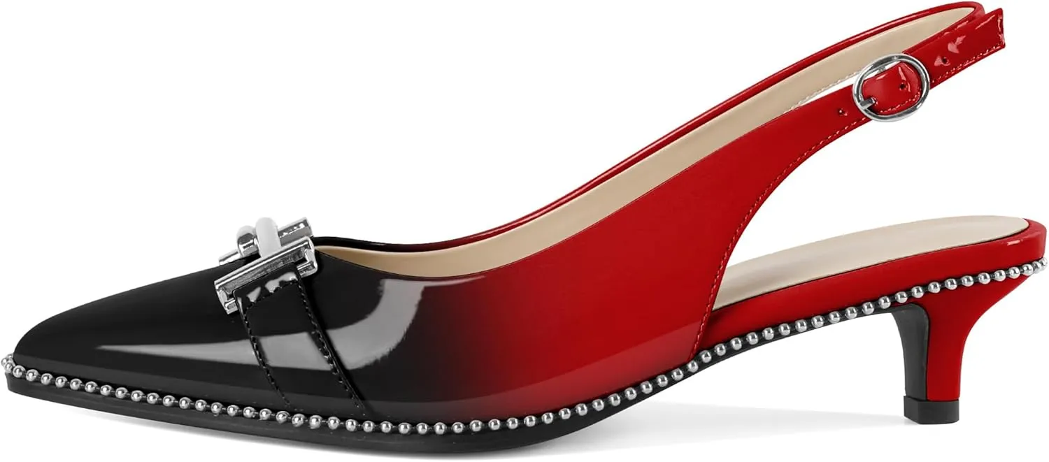 Eldof Womens Kitten Heel Pumps Pointed Toe Slingback Beaded Pumps Shoes Women Dress Low Heels with Silver Buckle 1.5 Inches