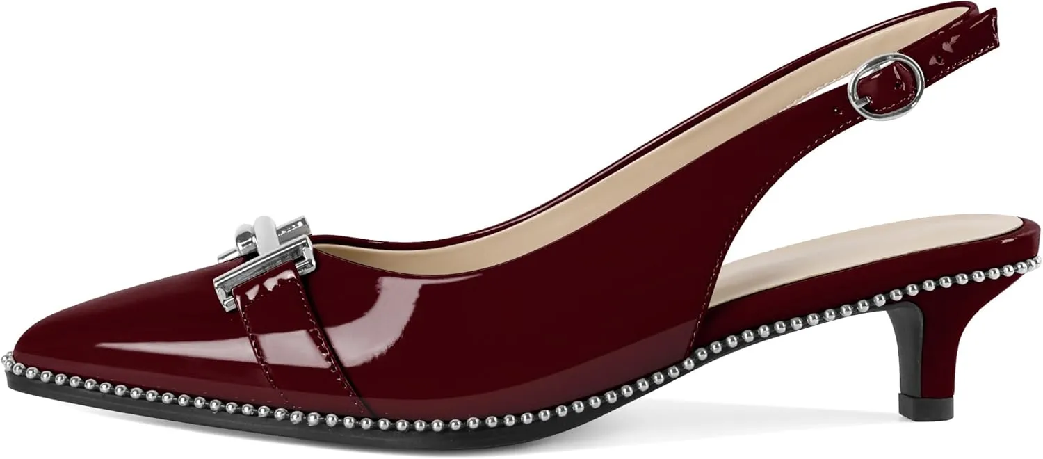 Eldof Womens Kitten Heel Pumps Pointed Toe Slingback Beaded Pumps Shoes Women Dress Low Heels with Silver Buckle 1.5 Inches