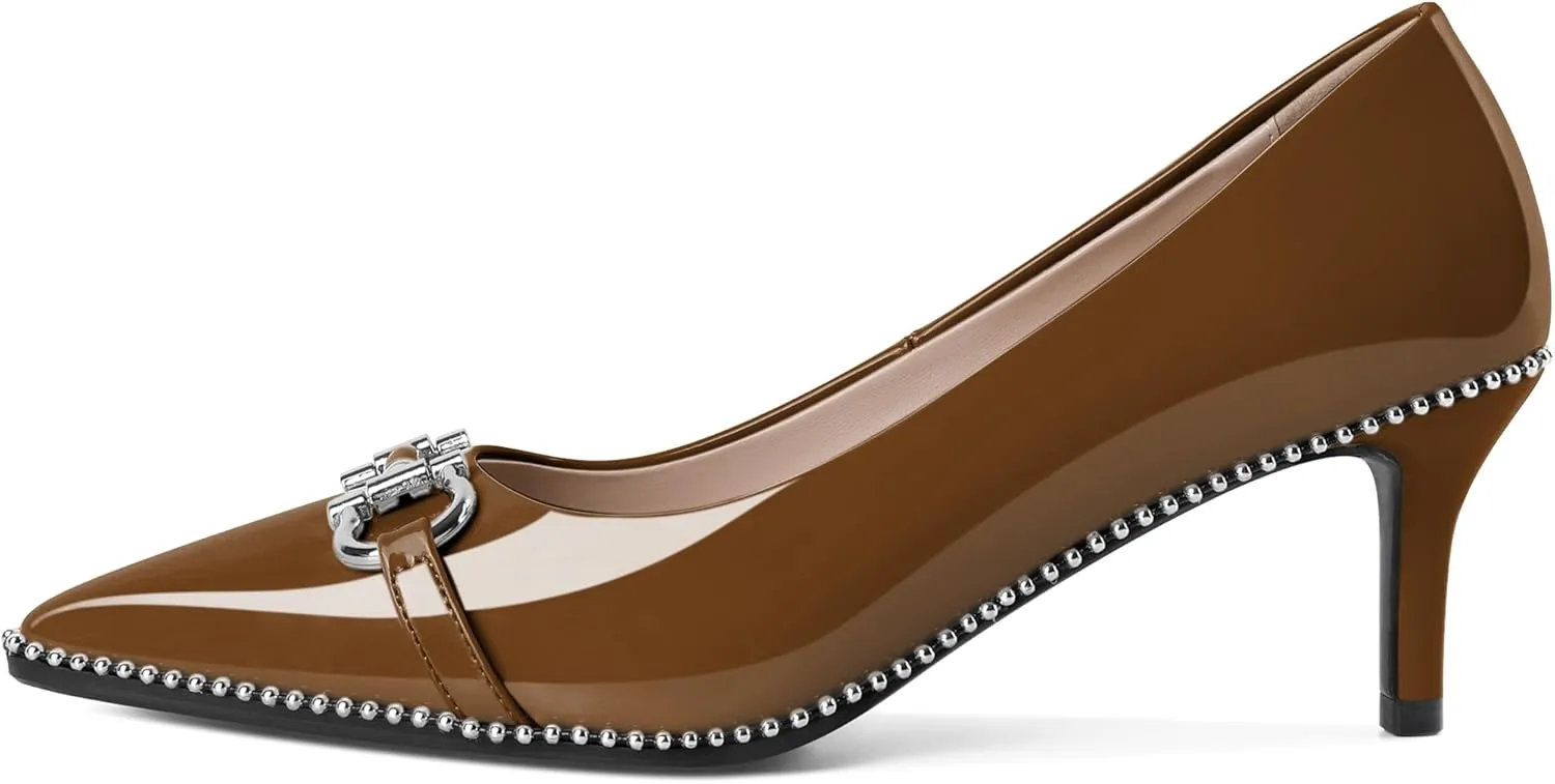 Eldof Women's Kitten Heel Pumps Pointed Toe Slip On Buckle Strap Low Heel Beaded Pumps Shoes2.5 Inches