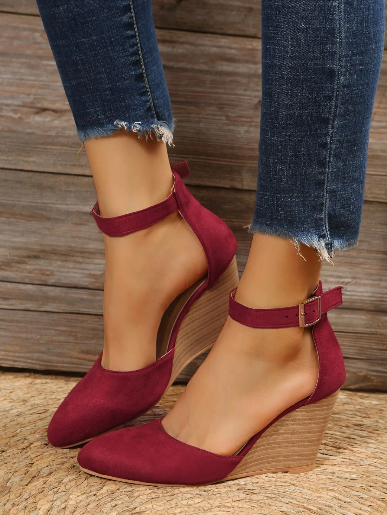 elveswallet Ankle Strap Pointed Toe D'Orsay Wedge Sandals