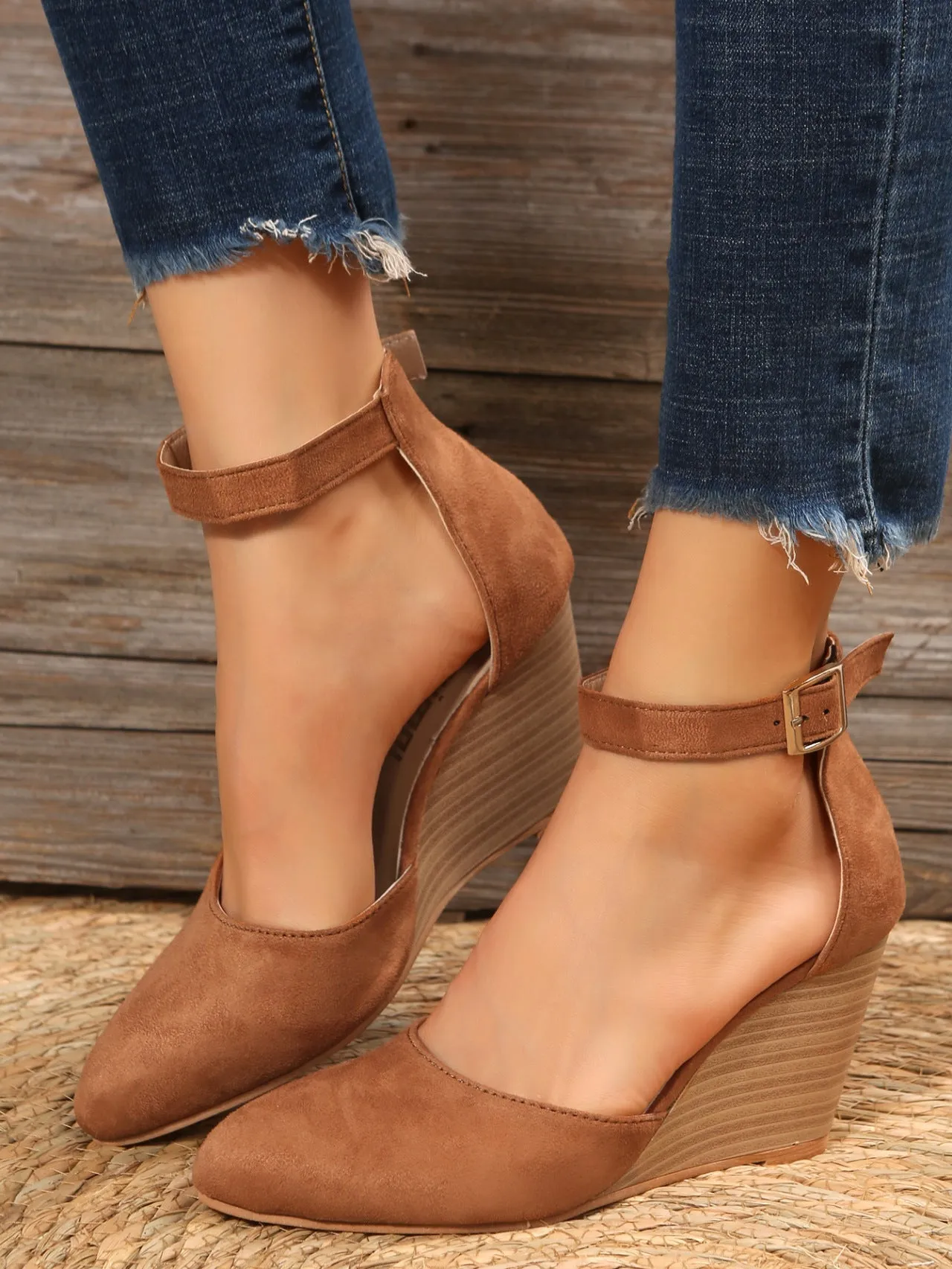 elveswallet Ankle Strap Pointed Toe D'Orsay Wedge Sandals