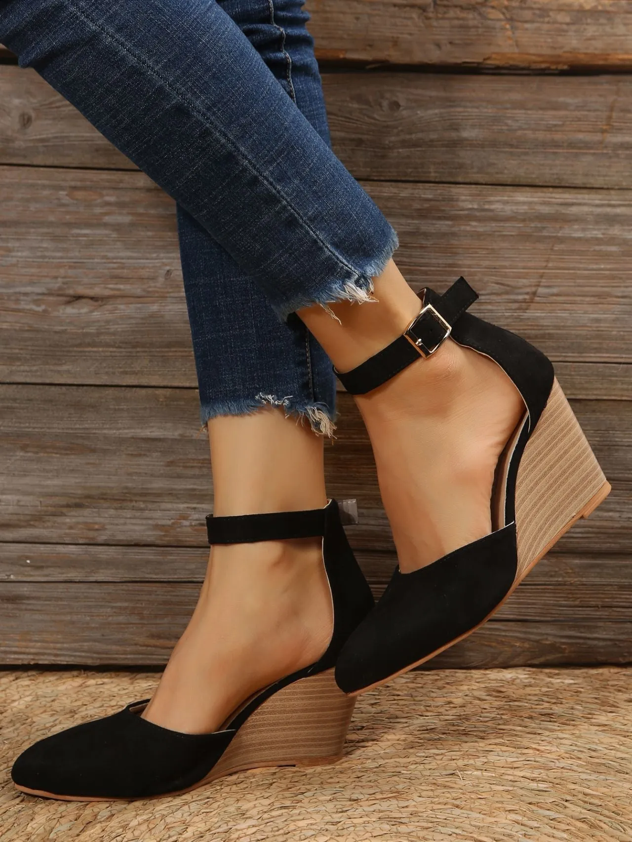 elveswallet Ankle Strap Pointed Toe D'Orsay Wedge Sandals