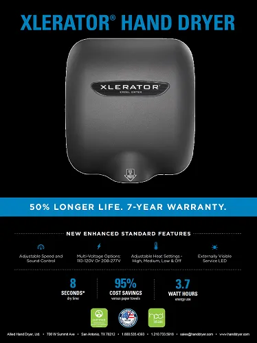 Excel Dryer XLERATOR® XL-GRH Hand Dryer with HEPA Filter - Textured Graphite Epoxy on Zinc Alloy High Speed Automatic Surface-Mounted