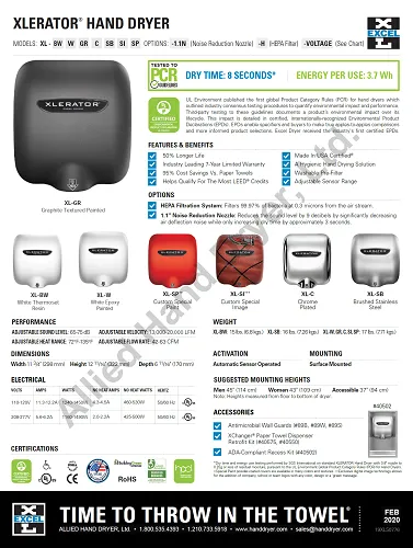 Excel Dryer XLERATOR® XL-GRH Hand Dryer with HEPA Filter - Textured Graphite Epoxy on Zinc Alloy High Speed Automatic Surface-Mounted