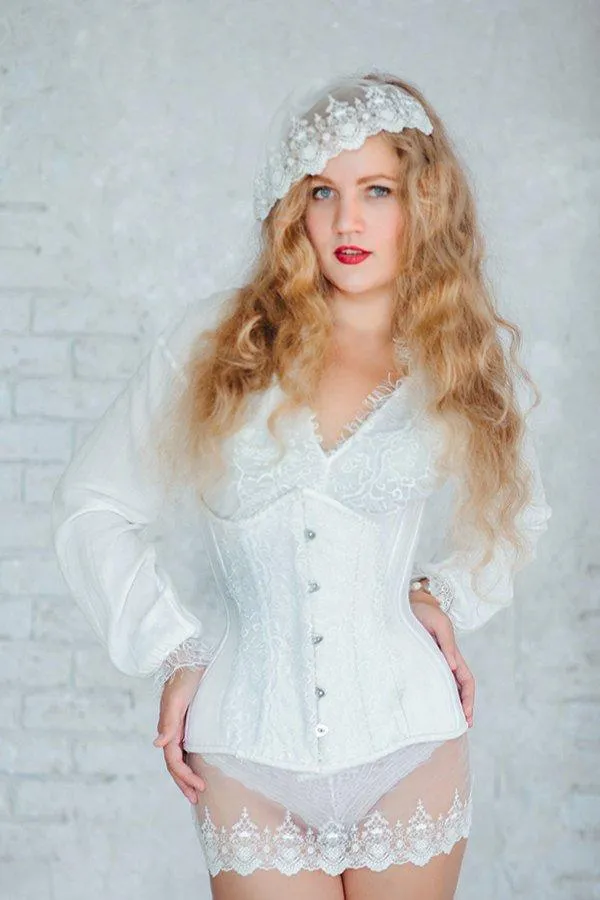 Exclusive white bridal steel-boned corset for tight lacing covered by laces. Lace Addicted Corsettery collection. Wedding, bridal corset