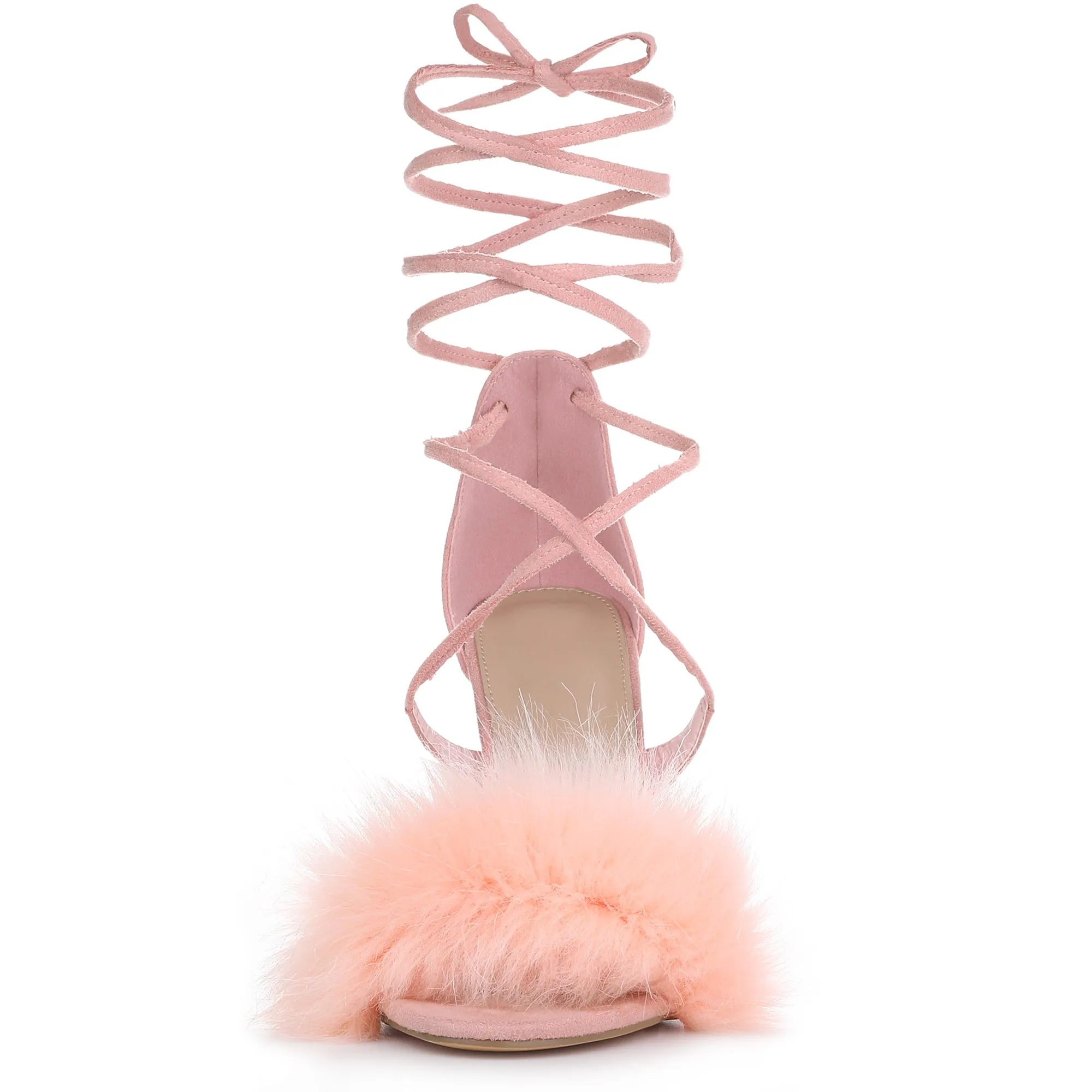 Faux Fur Stiletto Heel Lace Up Ankle Wrap Tie Sandals