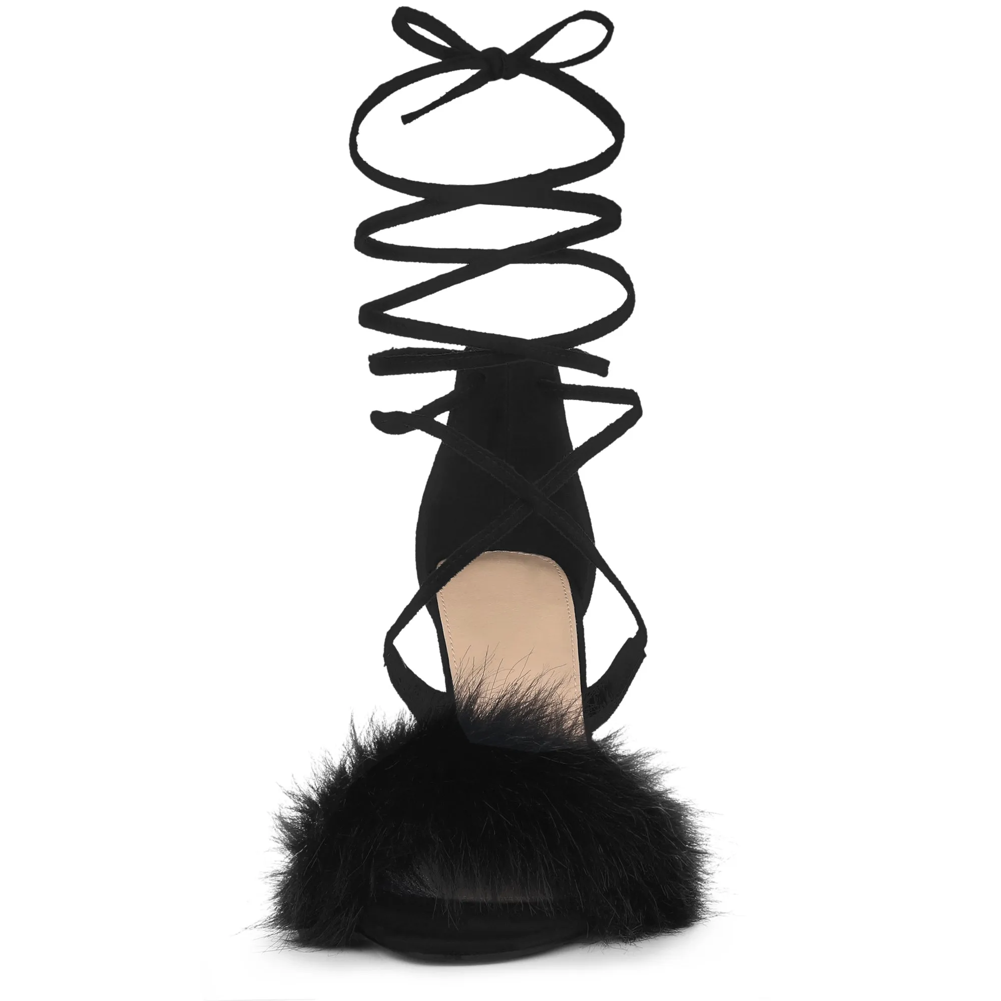 Faux Fur Stiletto Heel Lace Up Ankle Wrap Tie Sandals