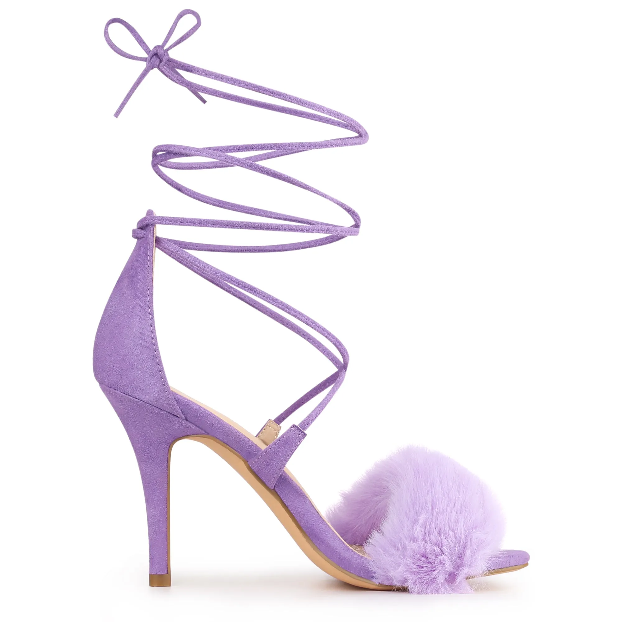 Faux Fur Stiletto Heel Lace Up Ankle Wrap Tie Sandals