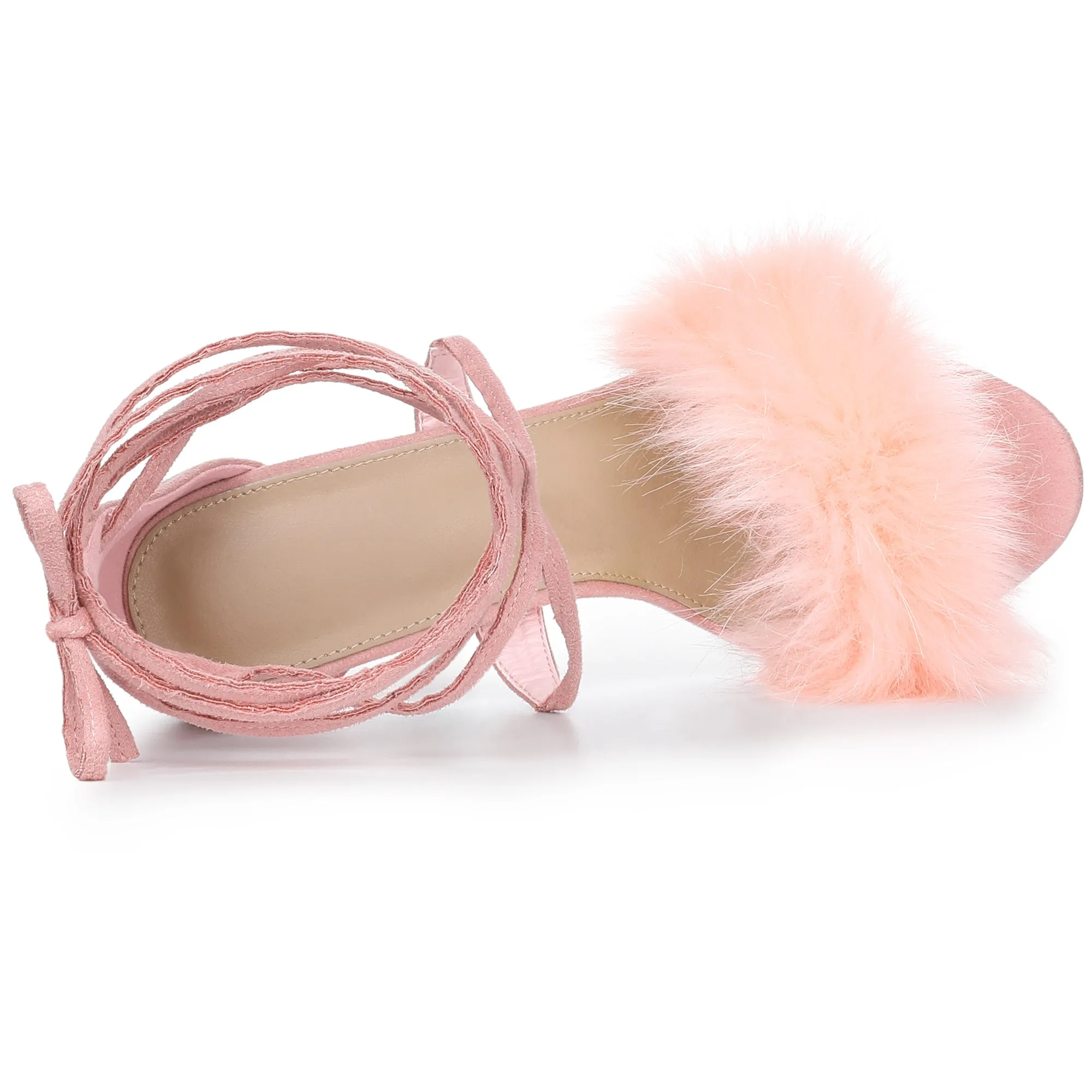 Faux Fur Stiletto Heel Lace Up Ankle Wrap Tie Sandals