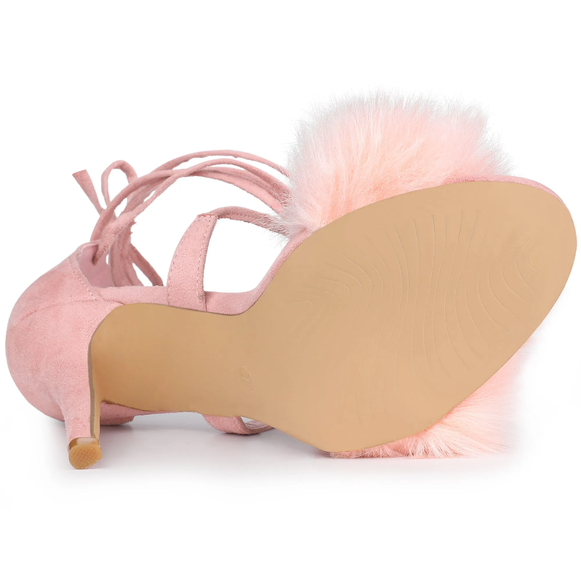 Faux Fur Stiletto Heel Lace Up Ankle Wrap Tie Sandals