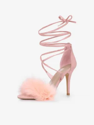 Faux Fur Stiletto Heel Lace Up Ankle Wrap Tie Sandals