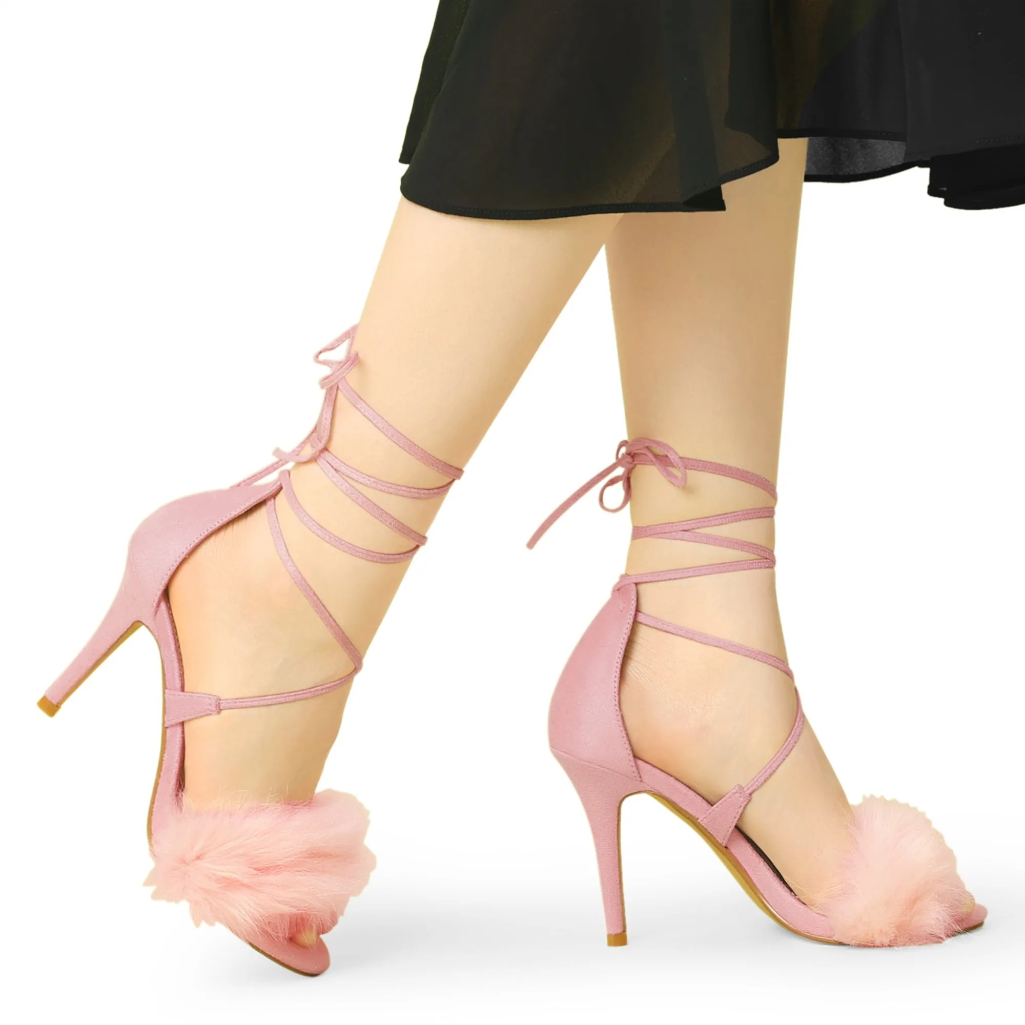 Faux Fur Stiletto Heel Lace Up Ankle Wrap Tie Sandals