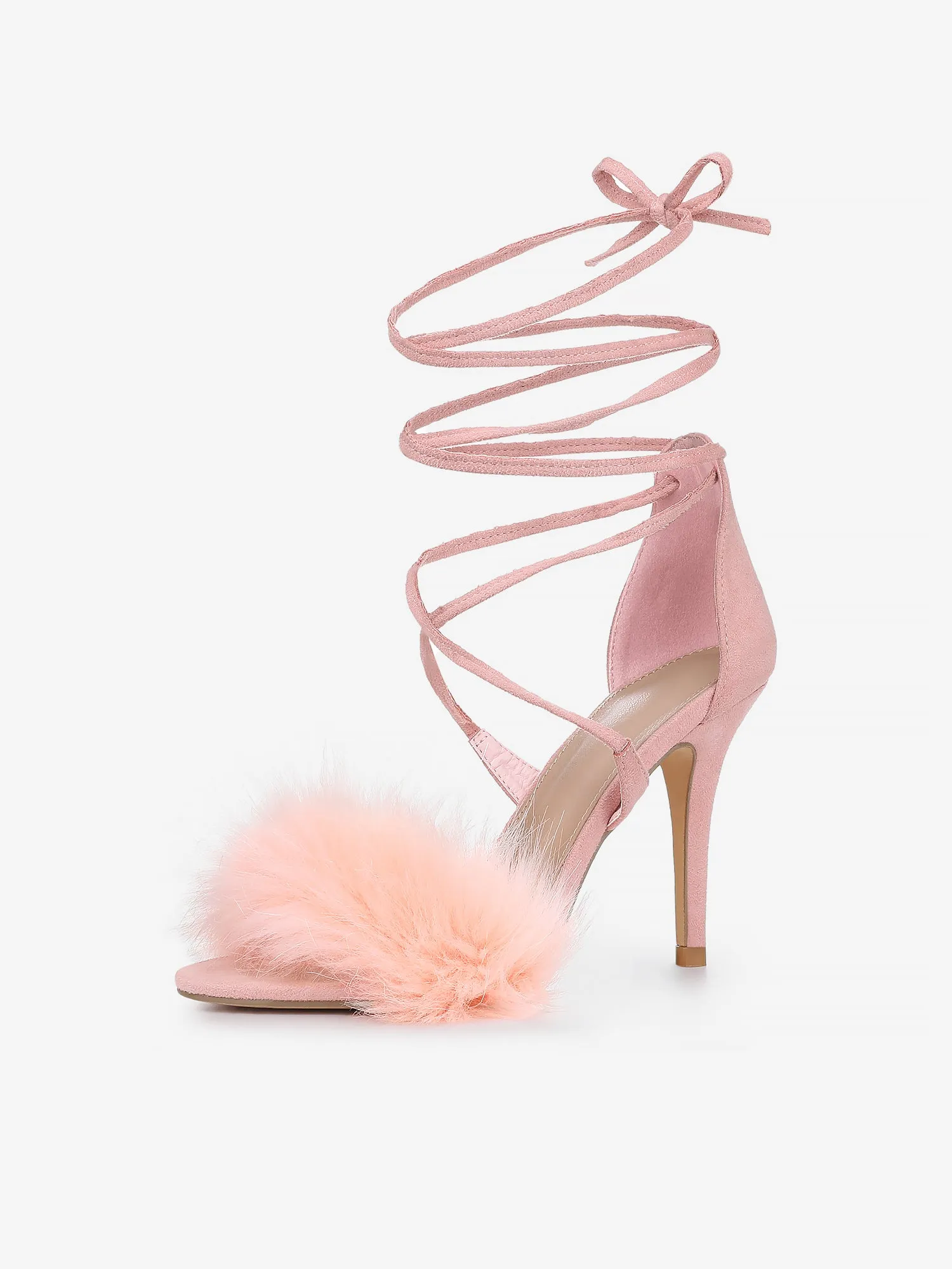Faux Fur Stiletto Heel Lace Up Ankle Wrap Tie Sandals