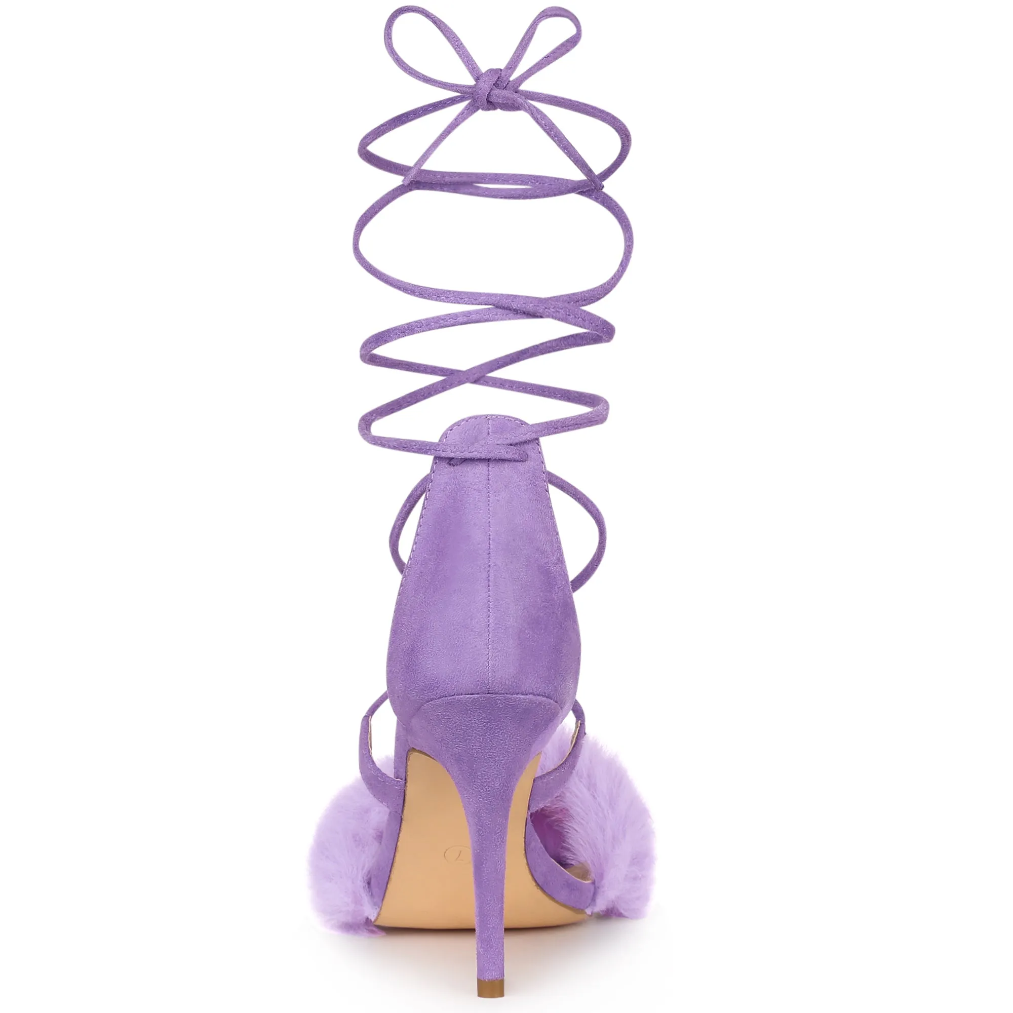 Faux Fur Stiletto Heel Lace Up Ankle Wrap Tie Sandals