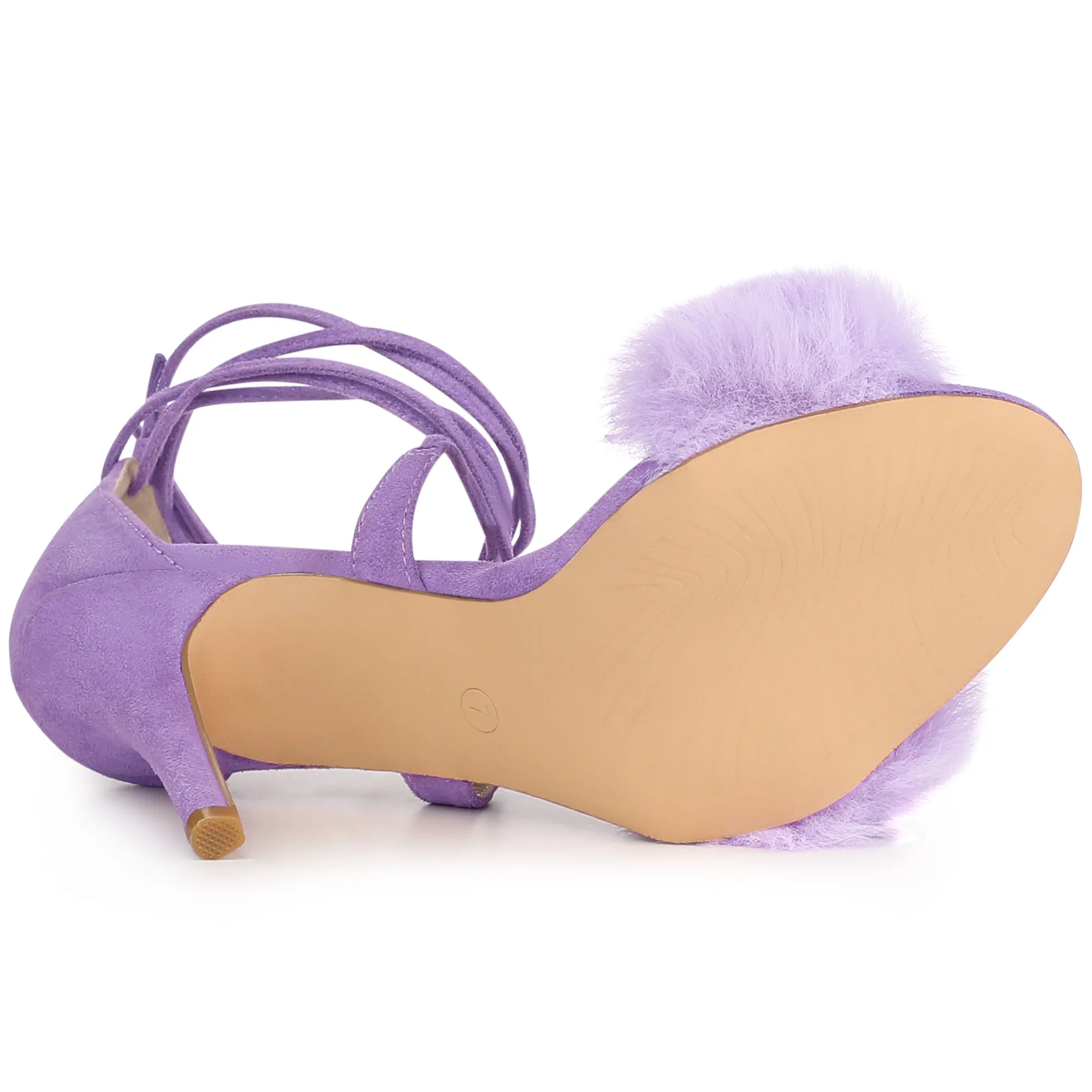 Faux Fur Stiletto Heel Lace Up Ankle Wrap Tie Sandals