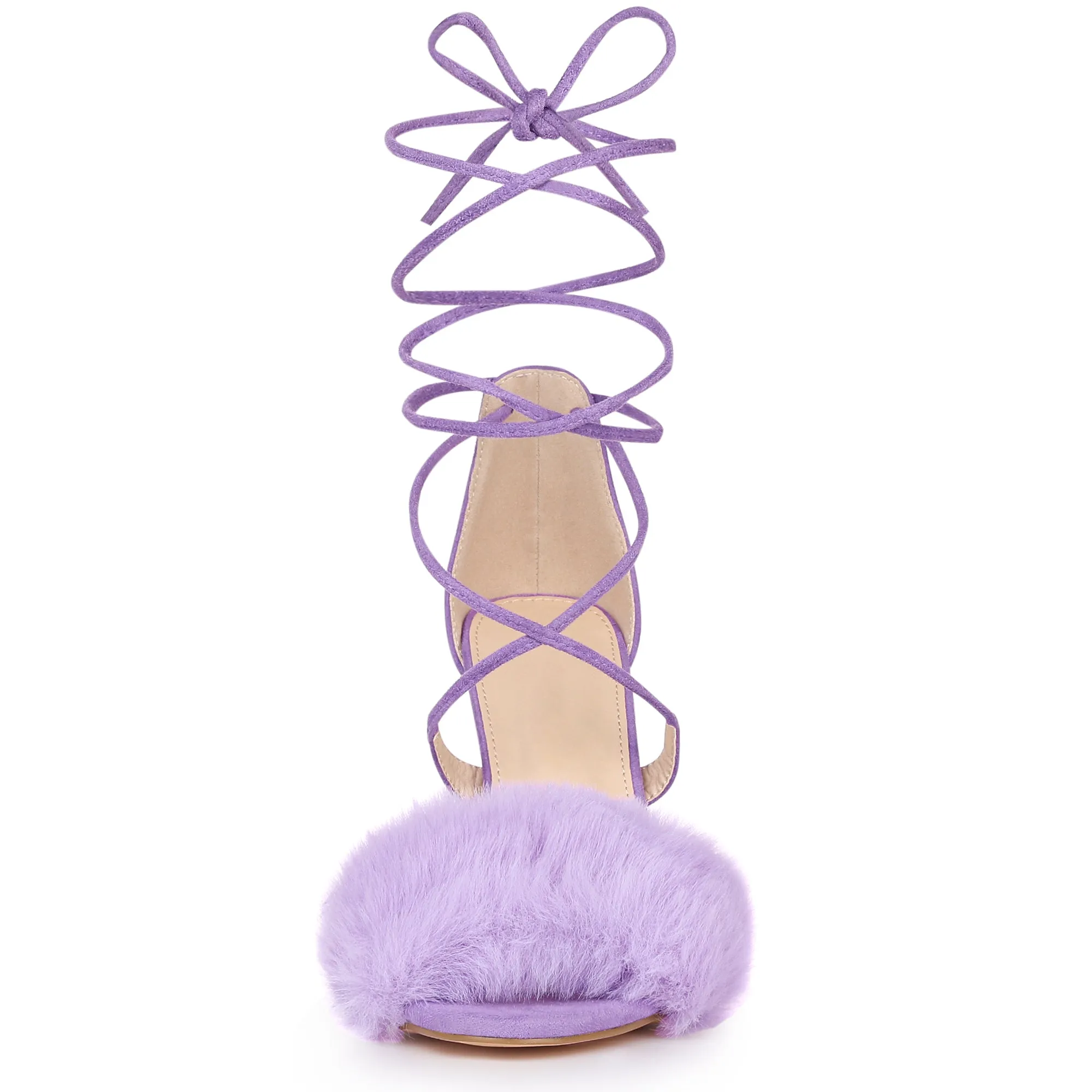 Faux Fur Stiletto Heel Lace Up Ankle Wrap Tie Sandals