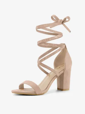 Faux Suede Open Toe Lace-Up Chunky High Heel Sandals