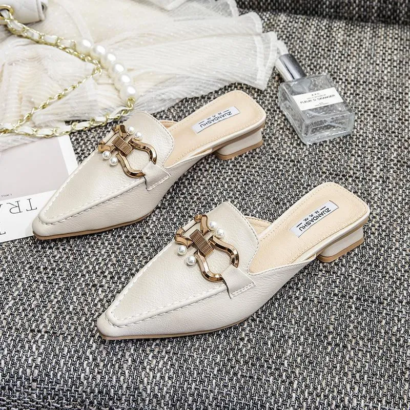 Finn Chain Pointed Toe Mule Beige Square Toe Muller Shoes Closed Toe Half Slippers Women's Shoes Thick Heel Outer Mary Jane Sandals