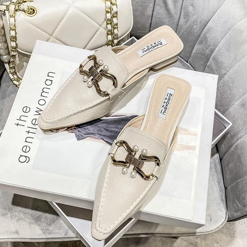 Finn Chain Pointed Toe Mule Beige Square Toe Muller Shoes Closed Toe Half Slippers Women's Shoes Thick Heel Outer Mary Jane Sandals