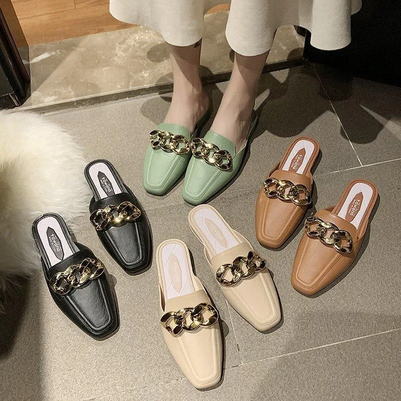Finn Chain Pointed Toe Mule Shoes Toe Cap Semi Slipper Women's Summer Outdoor Slippers