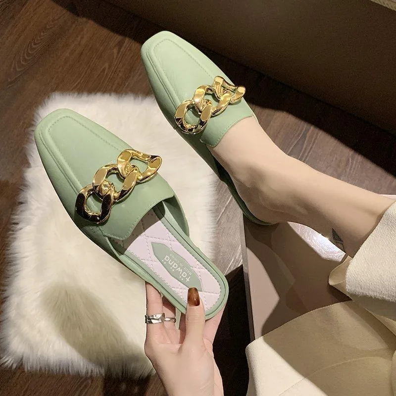 Finn Chain Pointed Toe Mule Shoes Toe Cap Semi Slipper Women's Summer Outdoor Slippers
