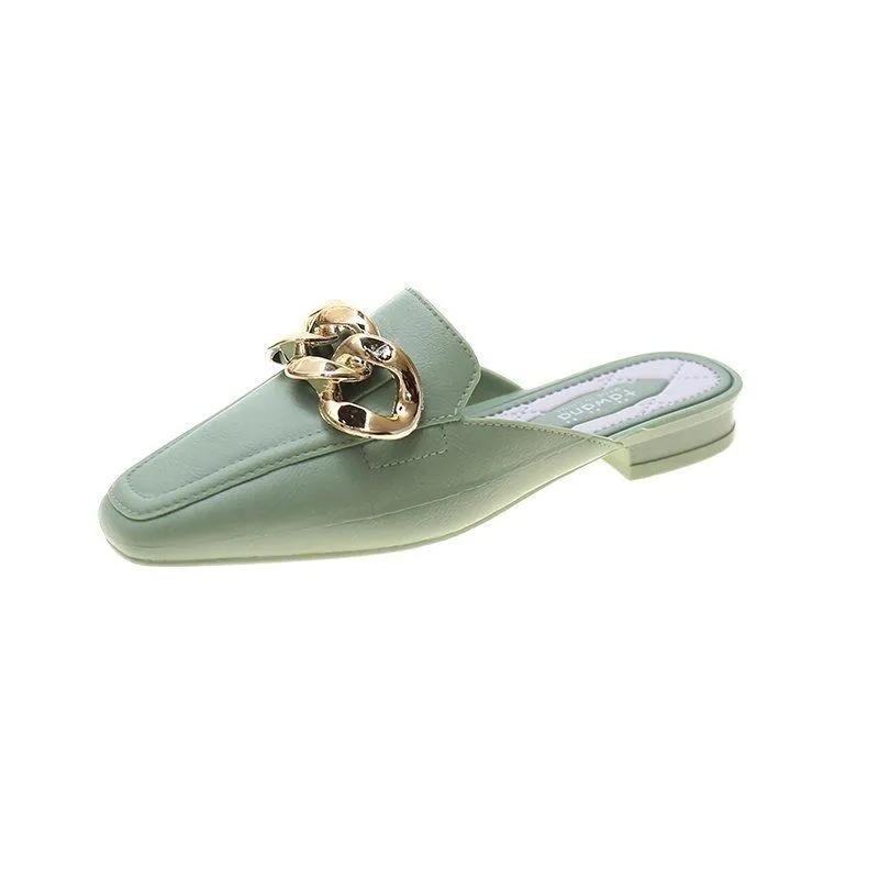 Finn Chain Pointed Toe Mule Shoes Toe Cap Semi Slipper Women's Summer Outdoor Slippers