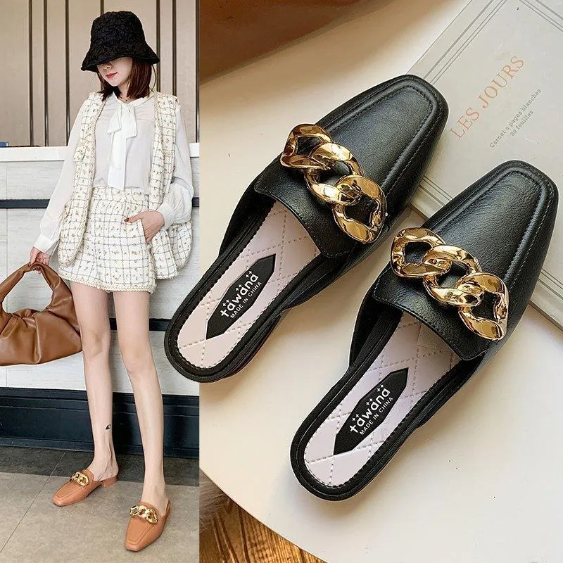 Finn Chain Pointed Toe Mule Shoes Toe Cap Semi Slipper Women's Summer Outdoor Slippers