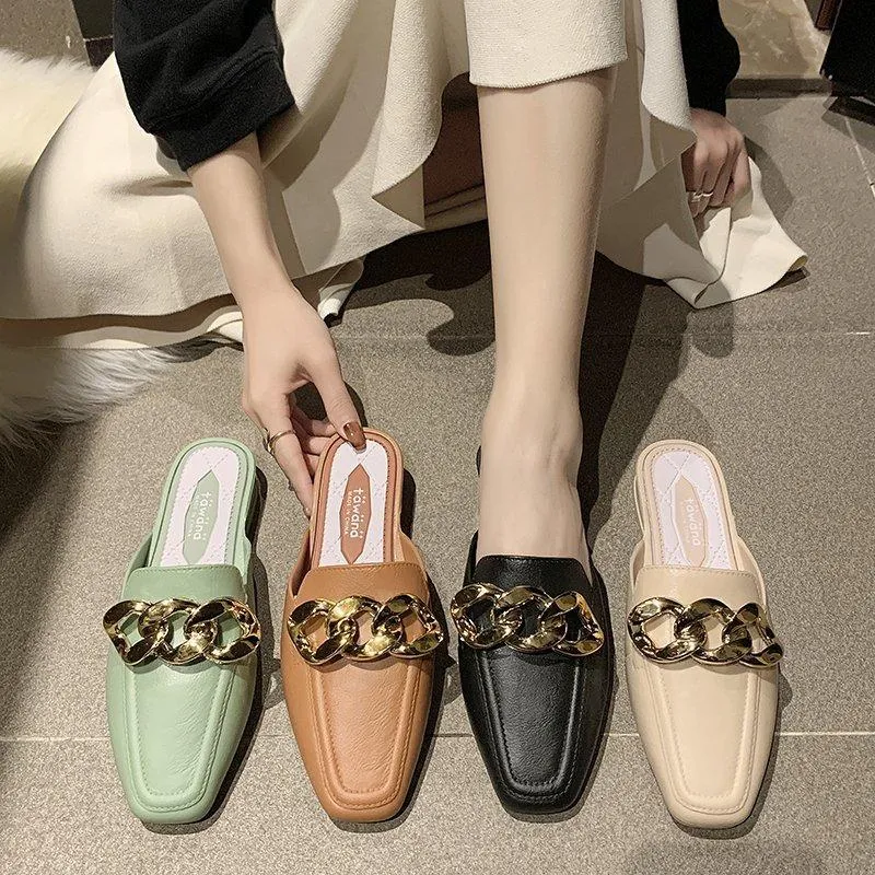 Finn Chain Pointed Toe Mule Shoes Toe Cap Semi Slipper Women's Summer Outdoor Slippers