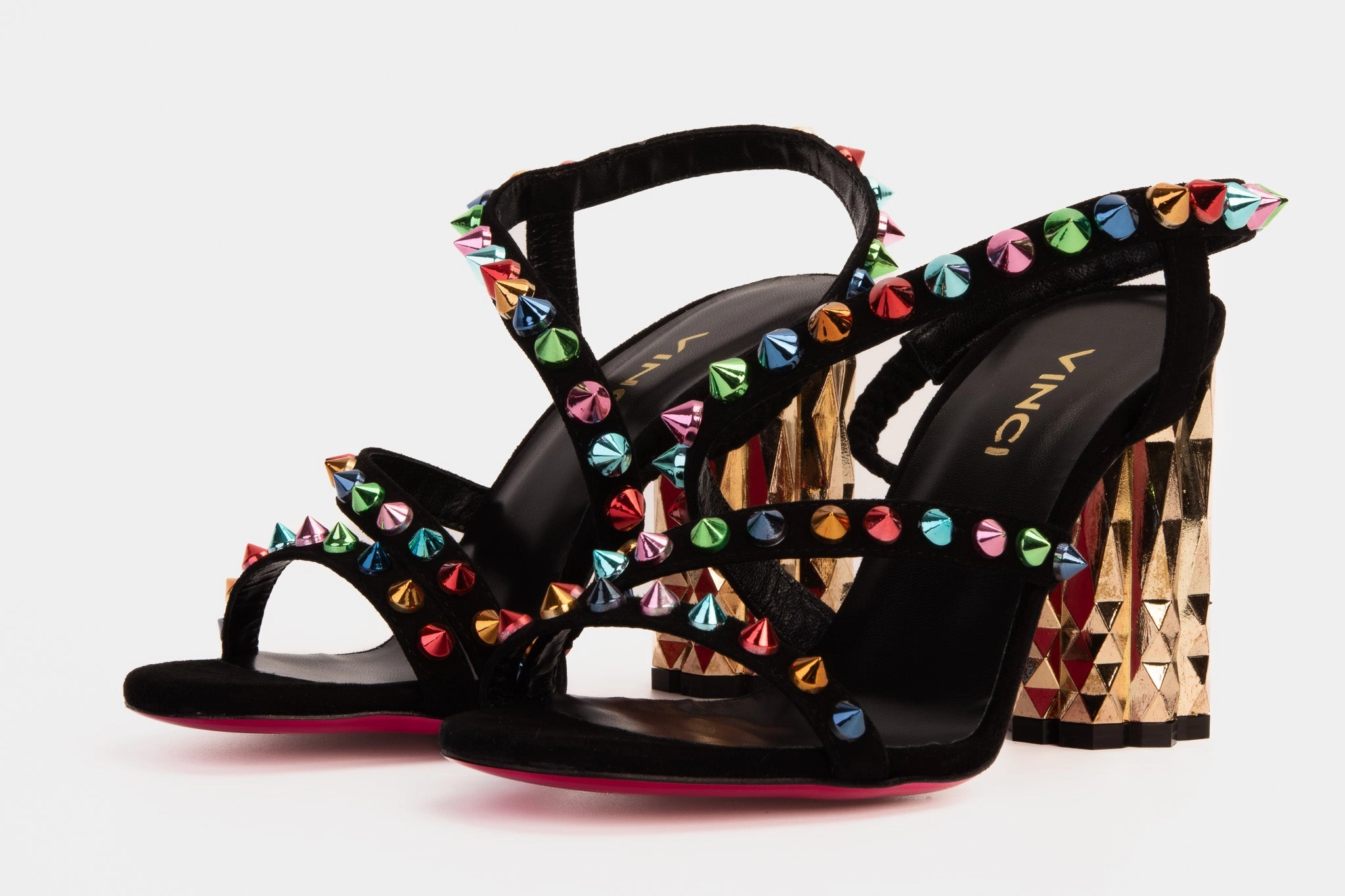 The Caris Black Block Heel Spike Leather Women Sandal Final Sale! Molded Contour Footbed