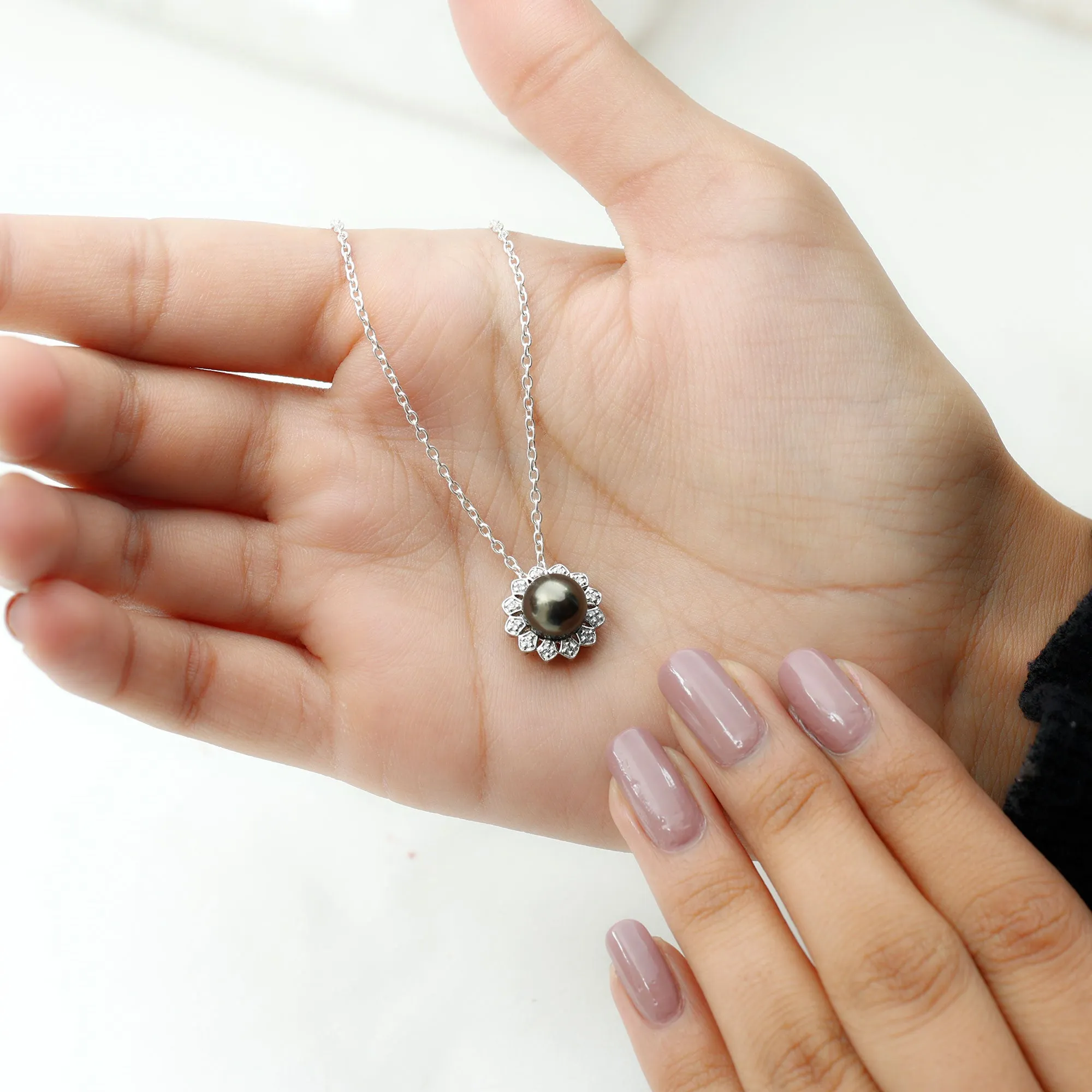 Floral Inspired Black Pearl Pendant with Diamond Halo