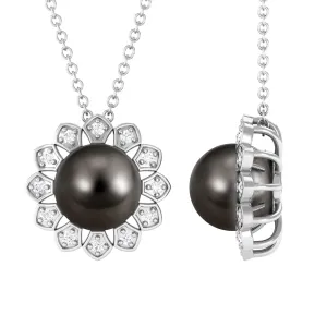 Floral Inspired Black Pearl Pendant with Diamond Halo
