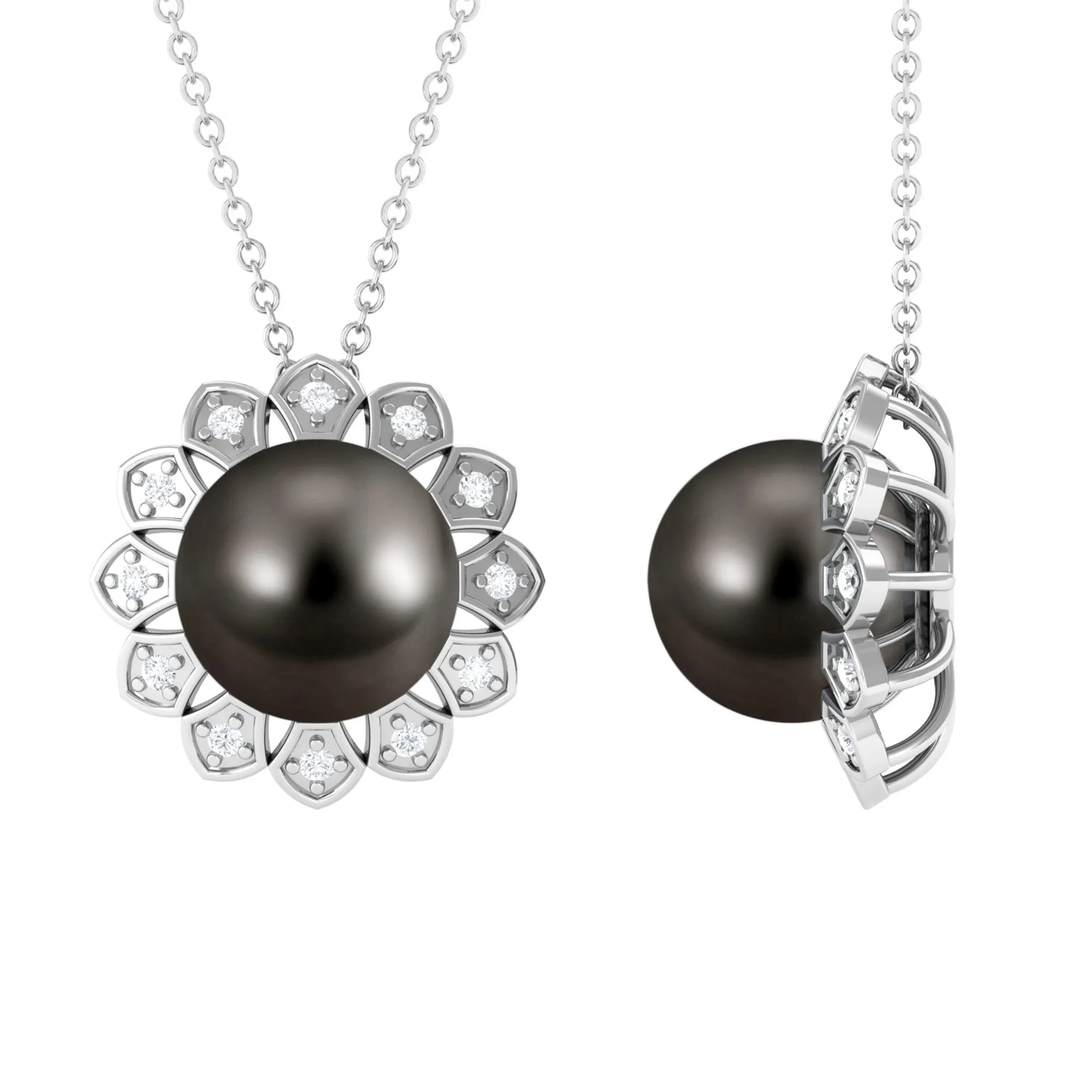 Floral Inspired Black Pearl Pendant with Diamond Halo
