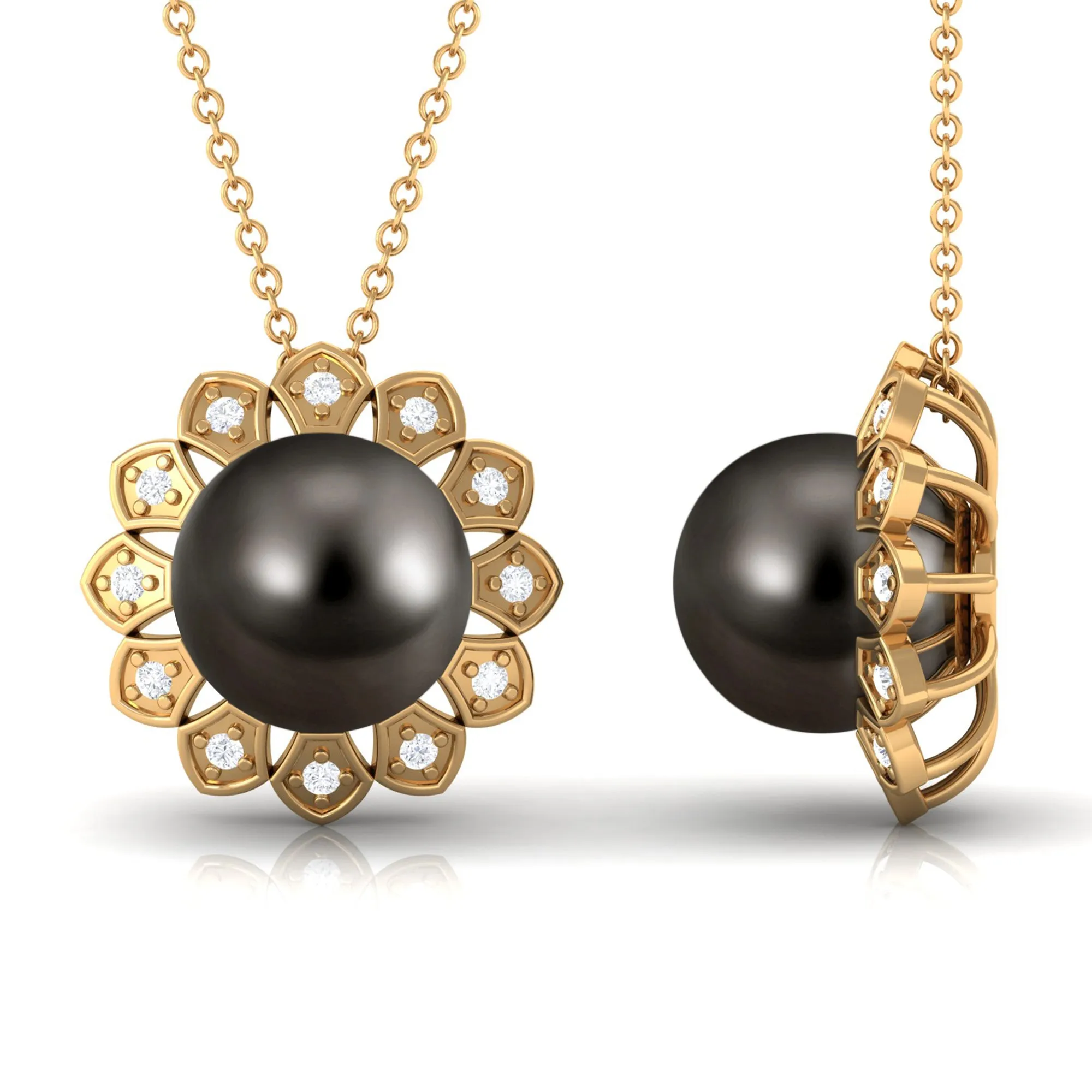 Floral Inspired Black Pearl Pendant with Diamond Halo