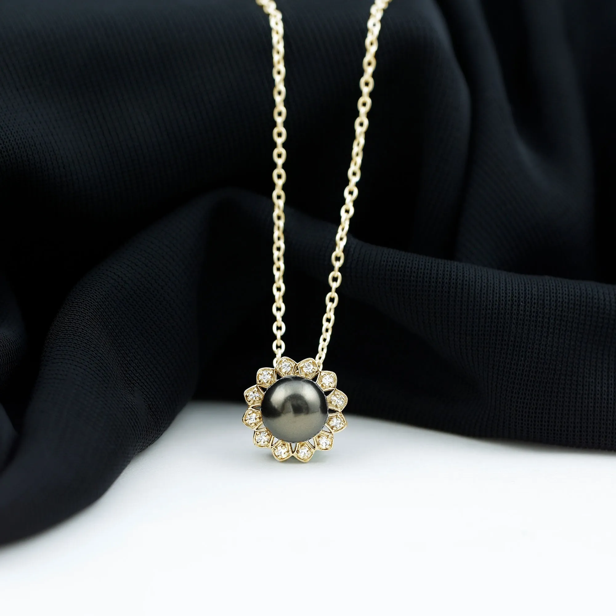 Floral Inspired Black Pearl Pendant with Diamond Halo