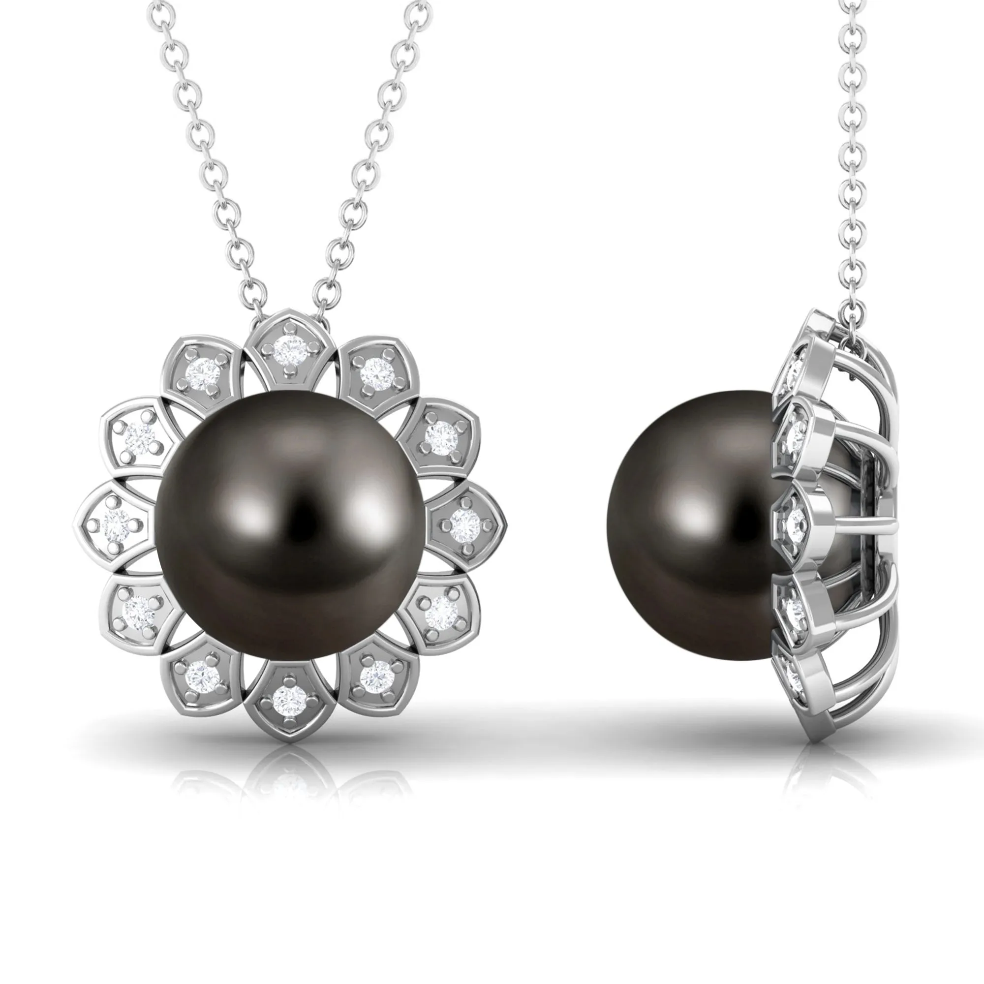 Floral Inspired Black Pearl Pendant with Diamond Halo