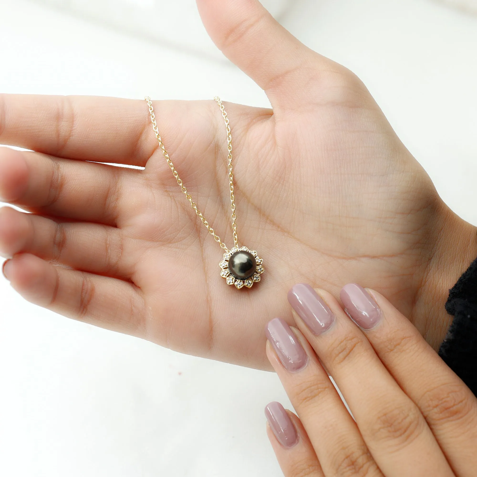 Floral Inspired Black Pearl Pendant with Diamond Halo