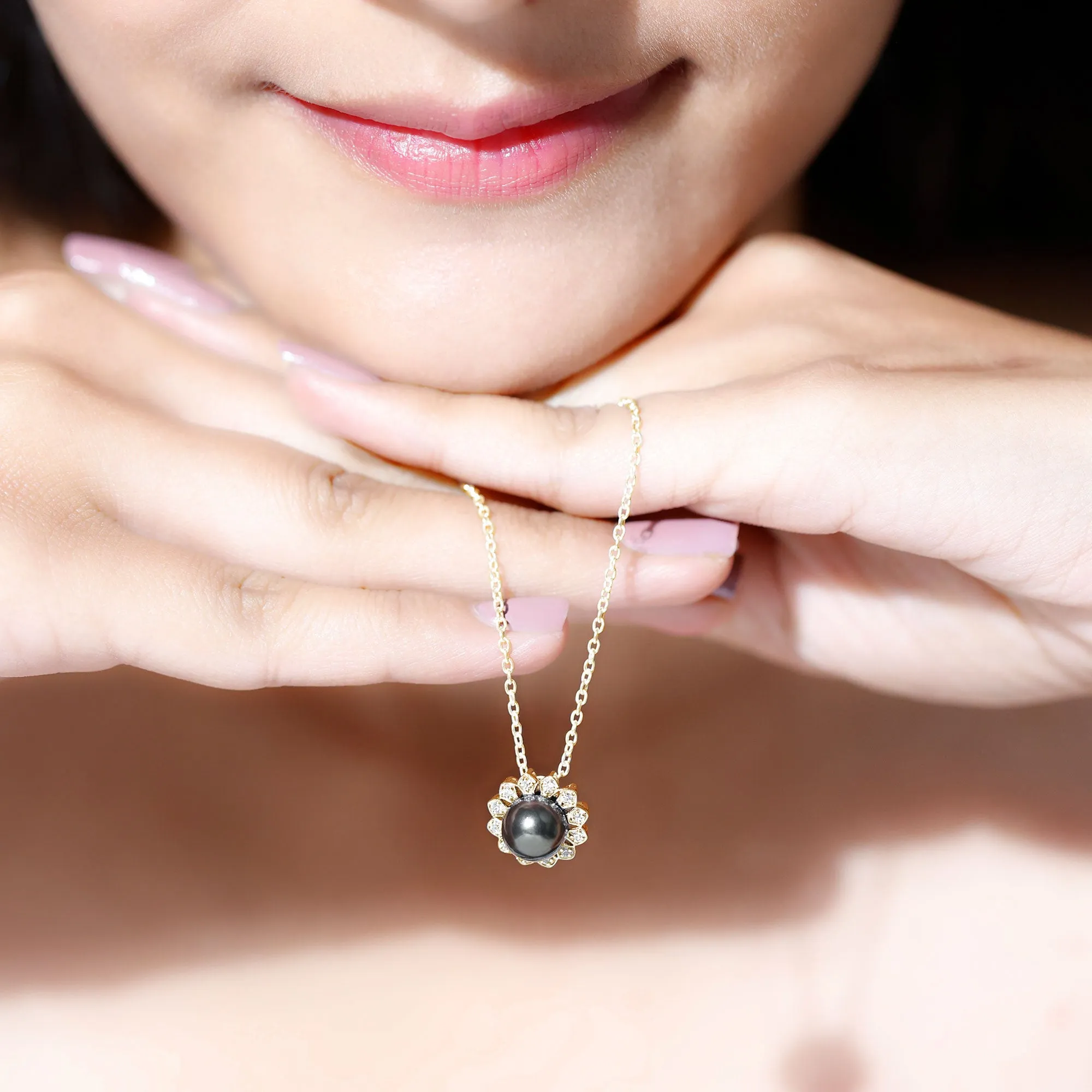 Floral Inspired Black Pearl Pendant with Diamond Halo