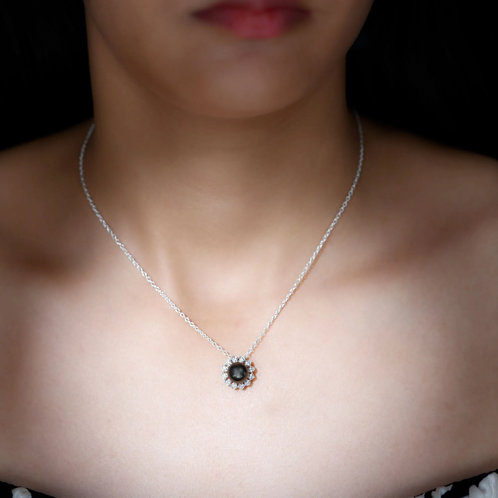 Floral Inspired Black Pearl Pendant with Diamond Halo