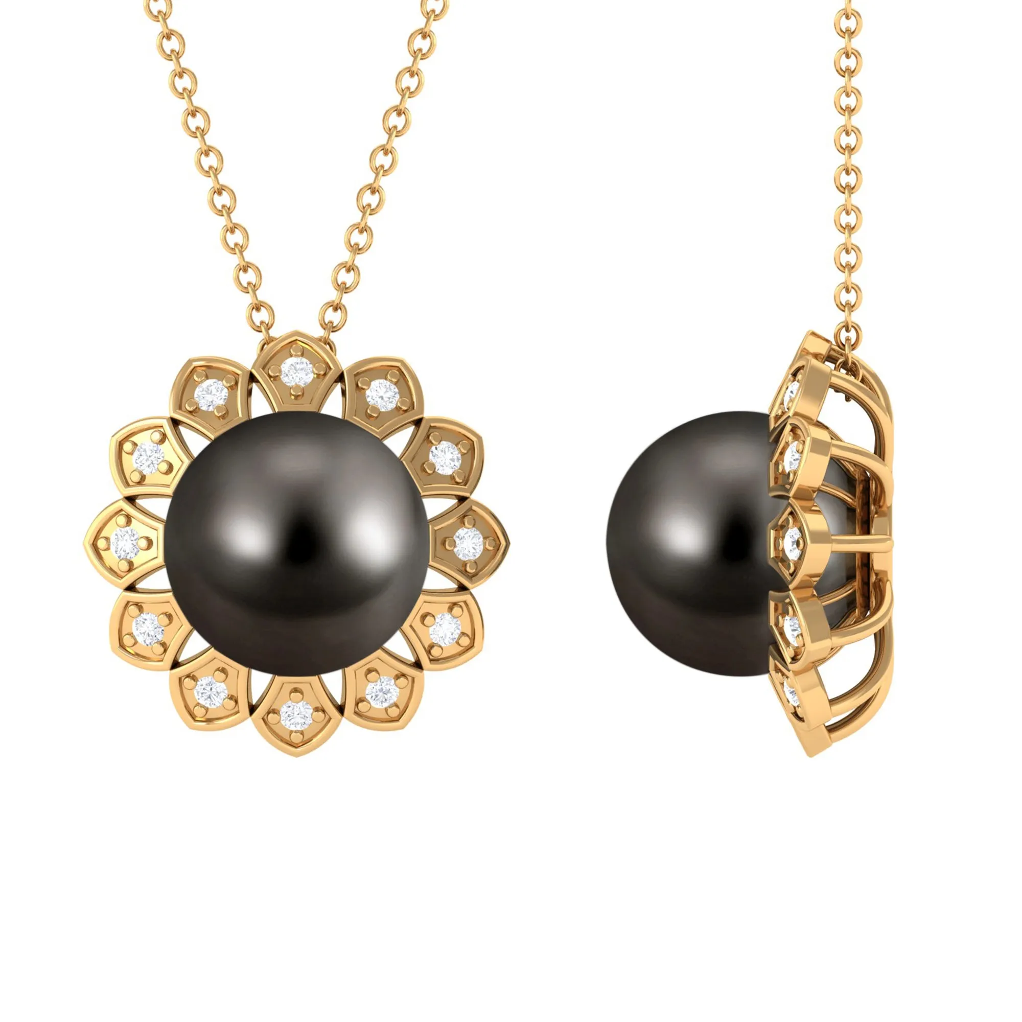 Floral Inspired Black Pearl Pendant with Diamond Halo