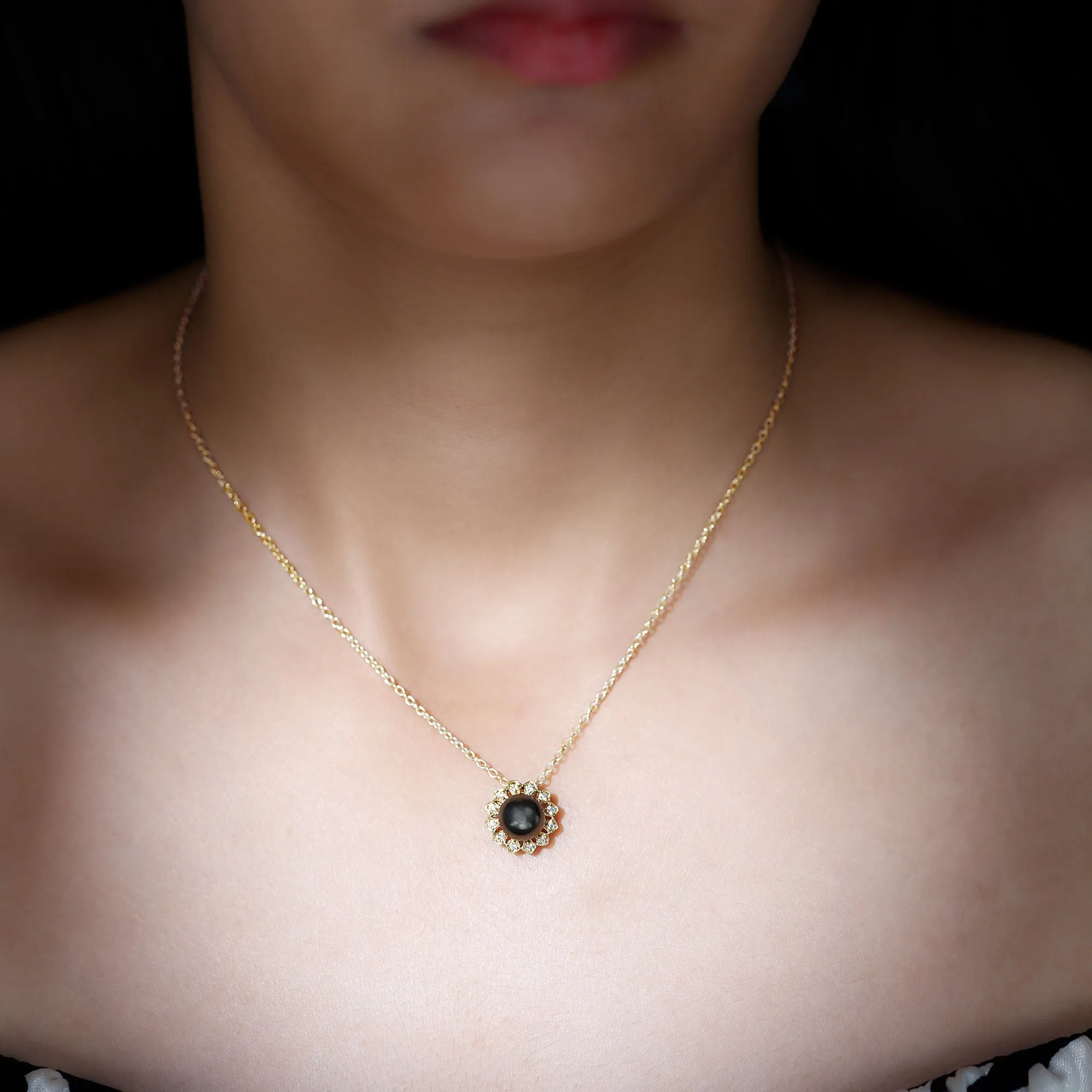 Floral Inspired Black Pearl Pendant with Diamond Halo