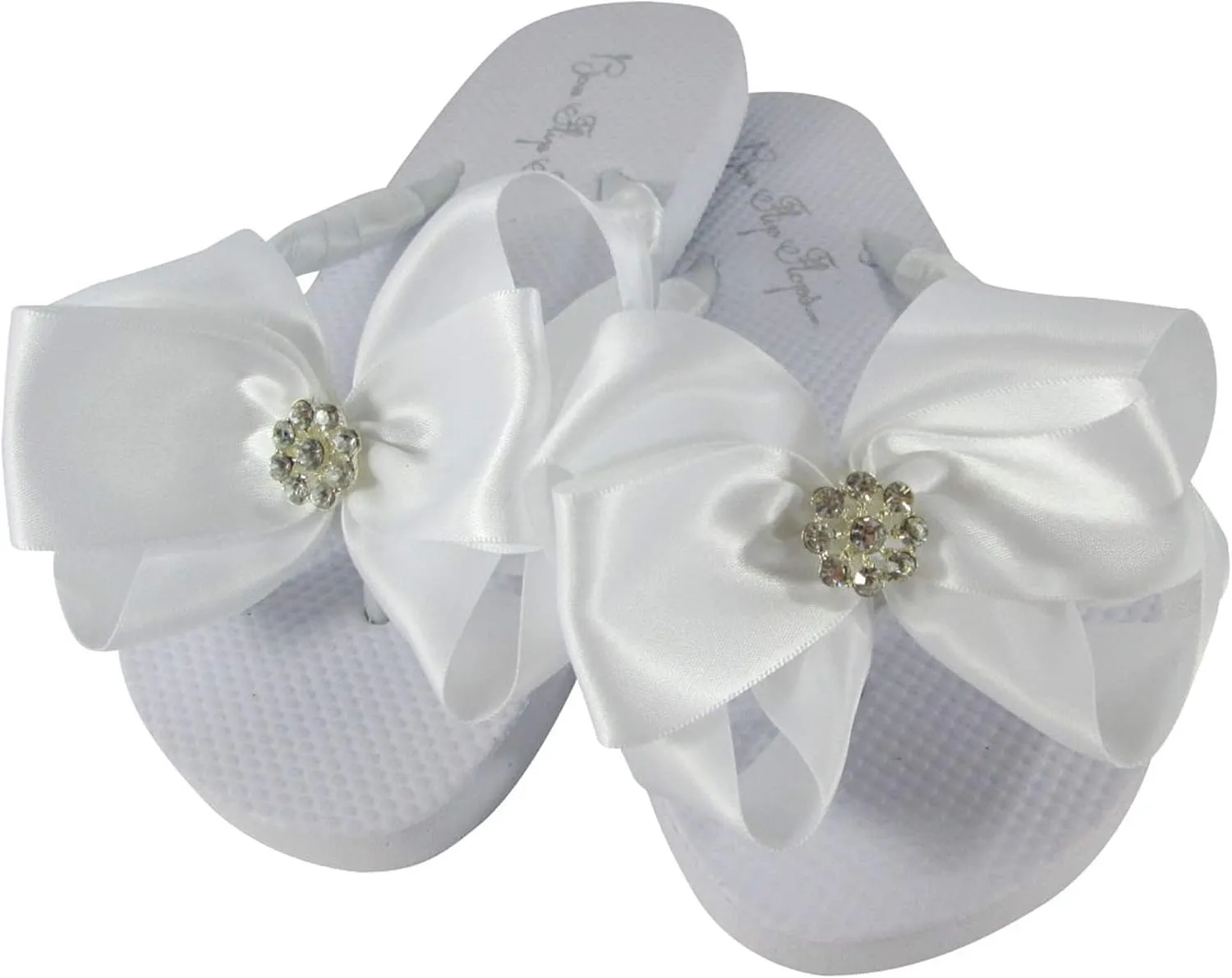 Flower Girls Flip Flop Sandals, White Satin Daisy Rhinestone Bows Toddler & Big Kid
