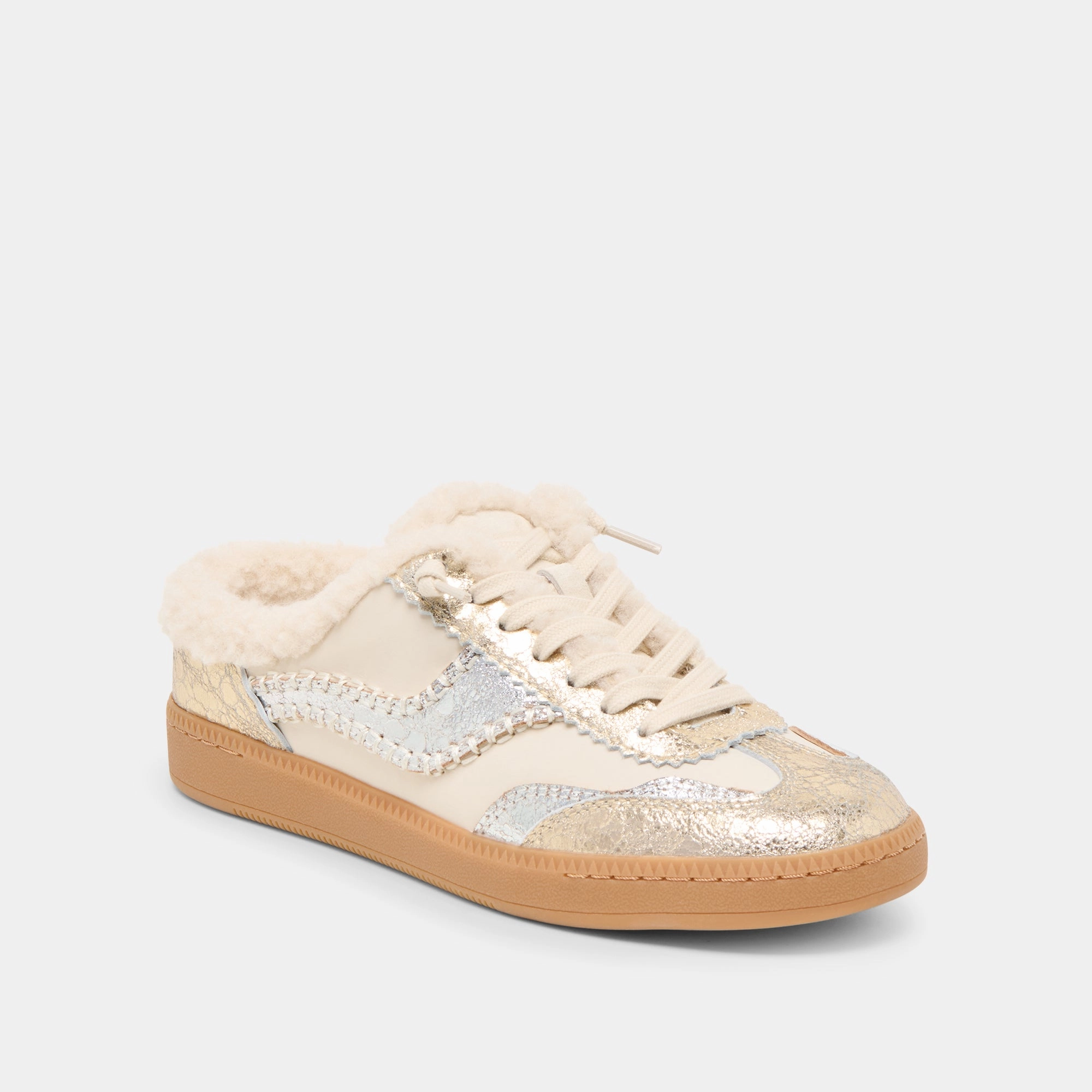 Closet Essential NOTICE SLIDE PLUSH SILVER GOLD CRACKLED LEATHER