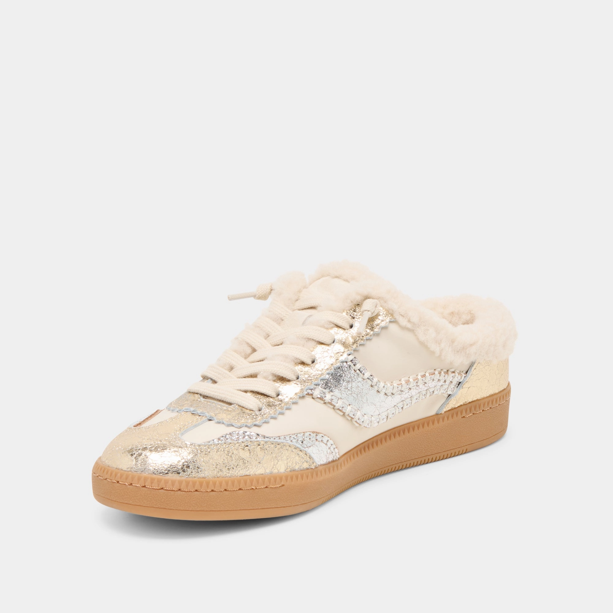 Effortless Comfort Slow Living Style NOTICE SLIDE PLUSH SILVER GOLD CRACKLED LEATHER
