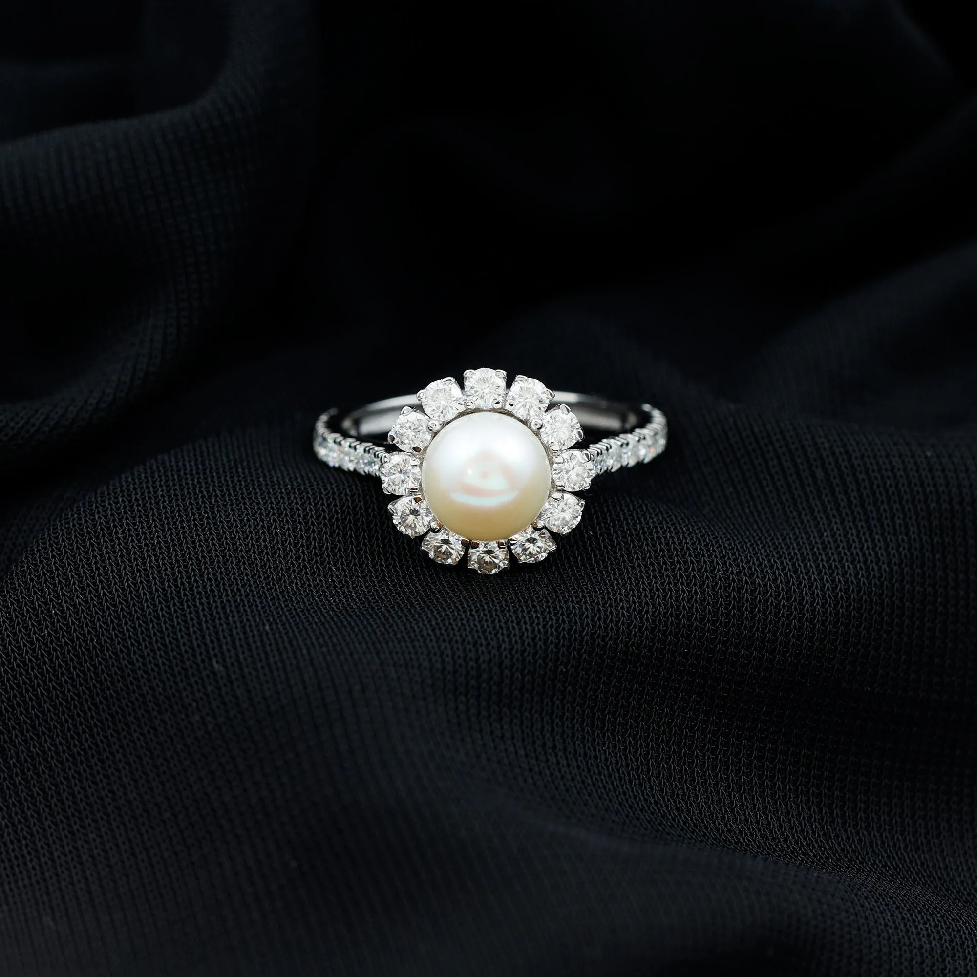 Freshwater Pearl and Moissanite Halo Engagement Ring