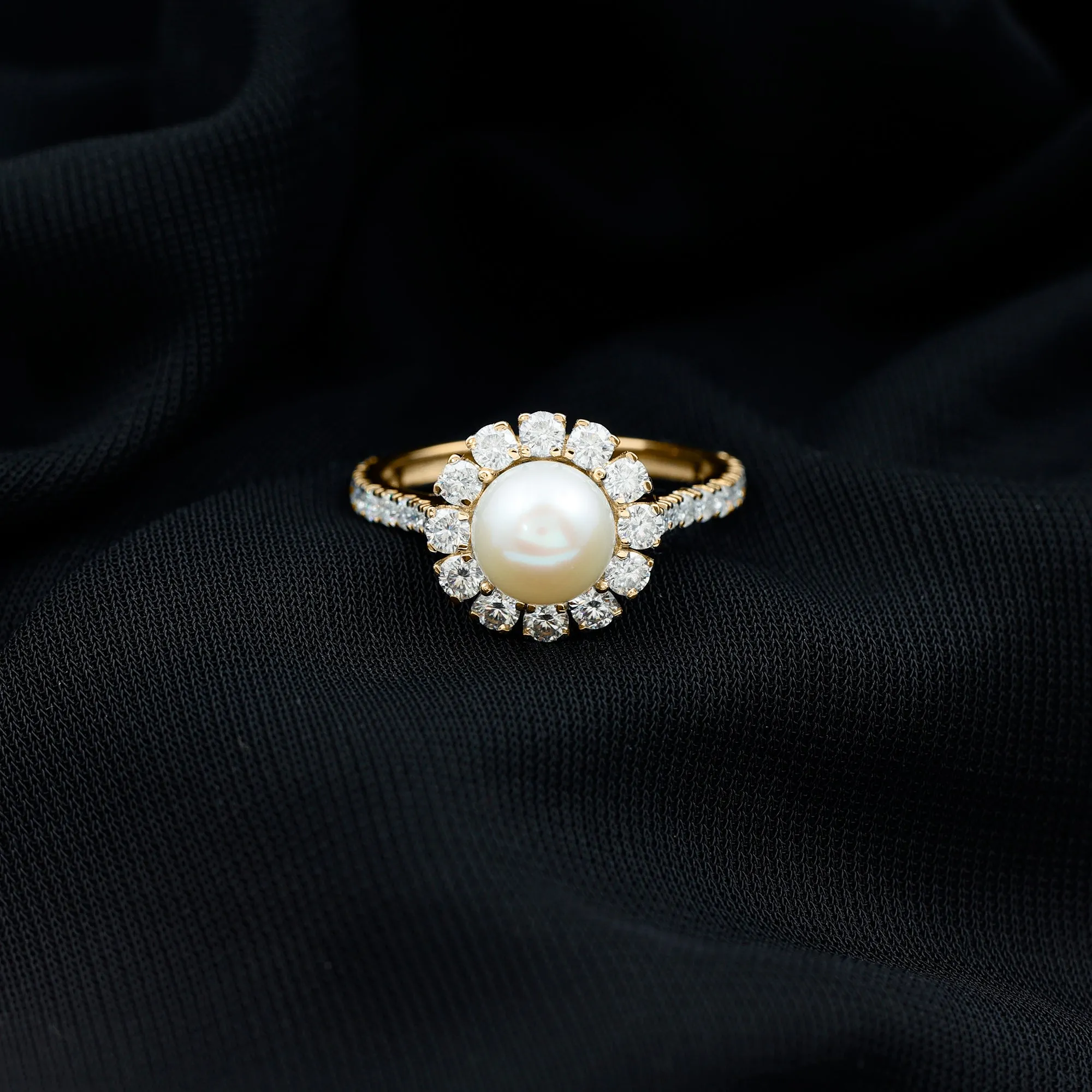 Freshwater Pearl and Moissanite Halo Engagement Ring