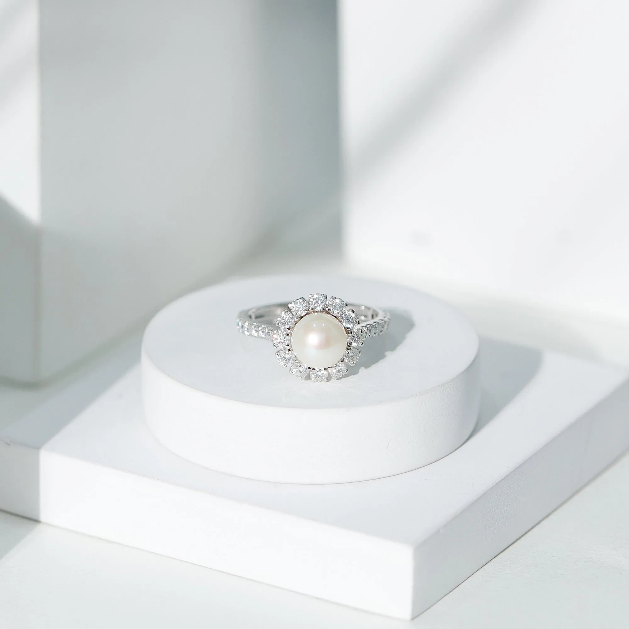 Freshwater Pearl and Moissanite Halo Engagement Ring