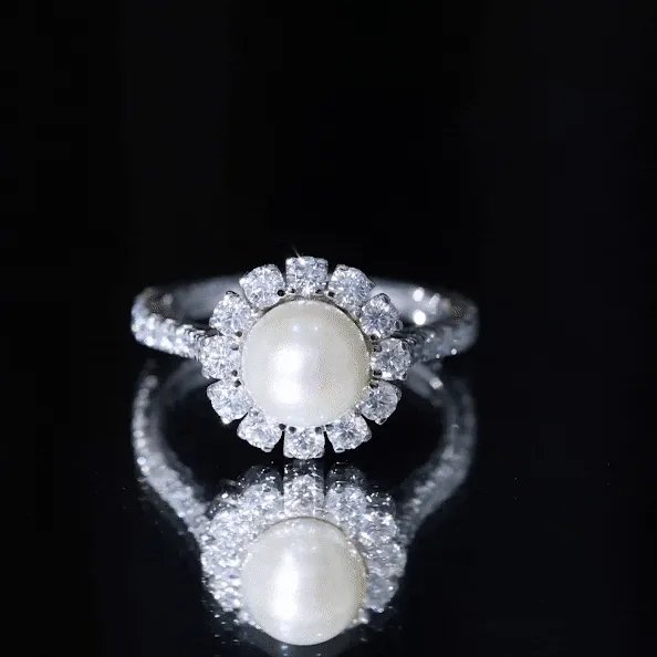 Freshwater Pearl and Moissanite Halo Engagement Ring