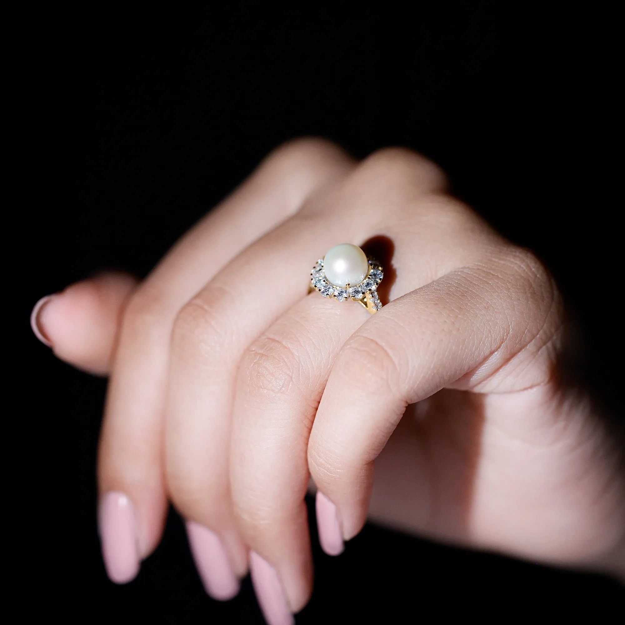 Freshwater Pearl and Moissanite Halo Engagement Ring