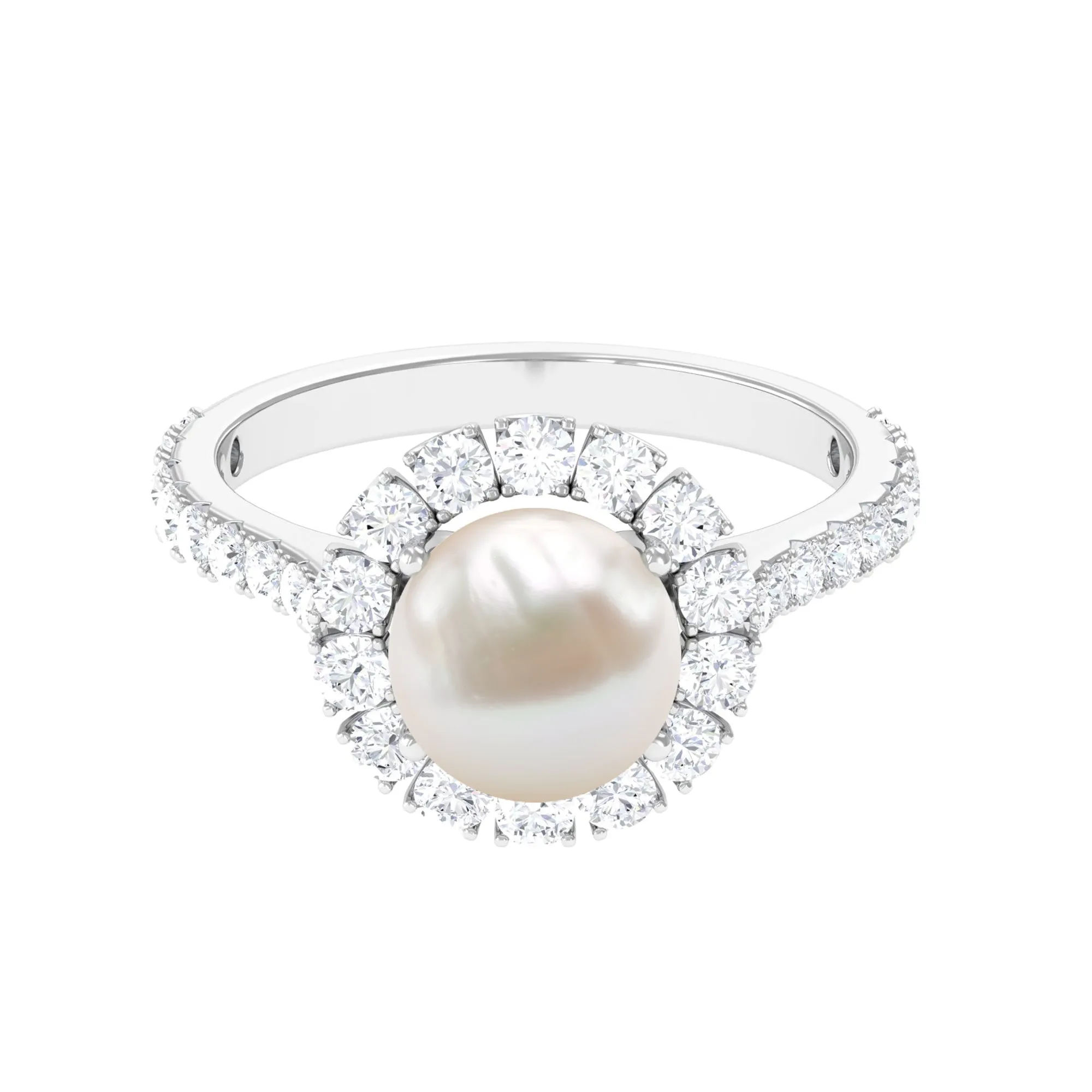 Freshwater Pearl and Moissanite Halo Engagement Ring