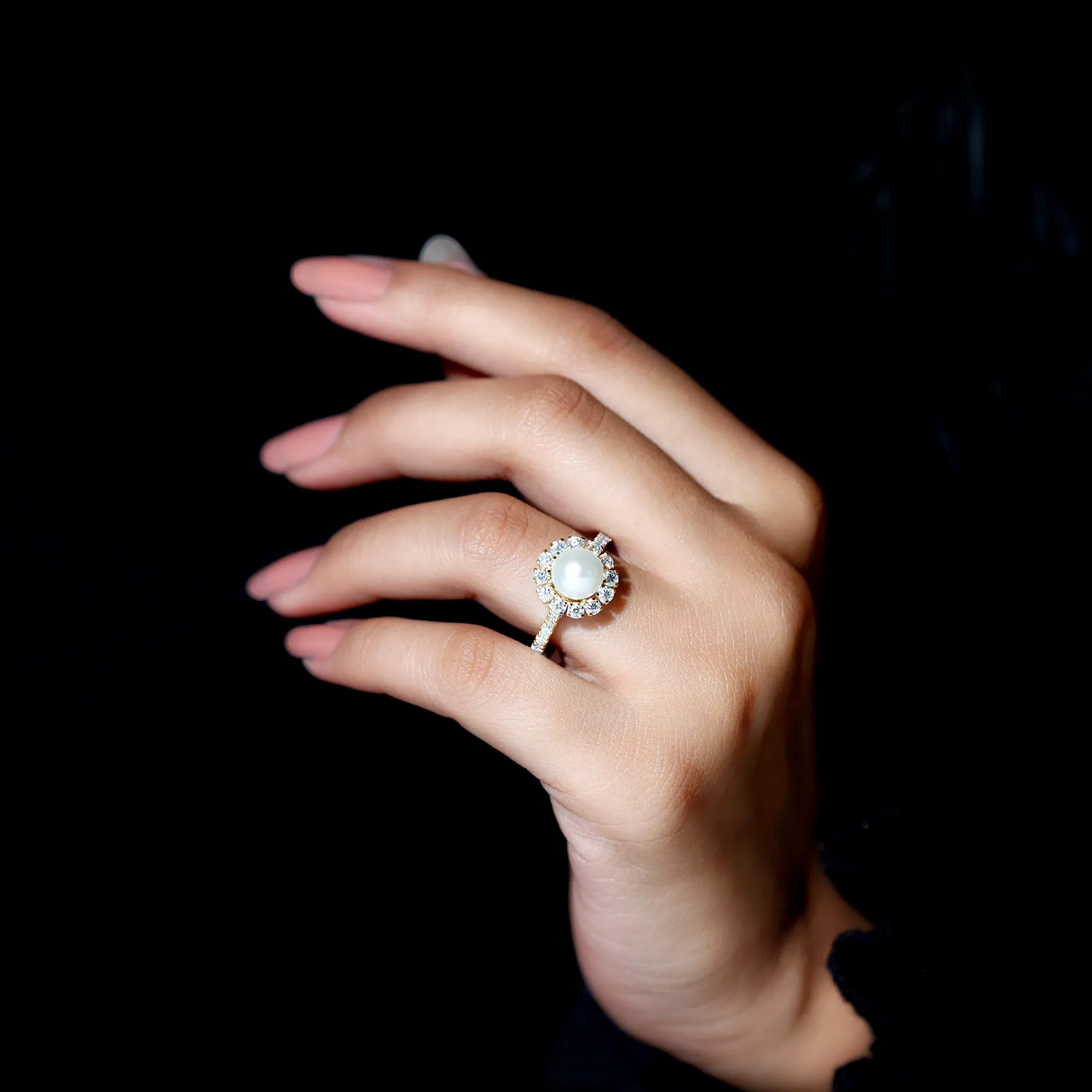 Freshwater Pearl and Moissanite Halo Engagement Ring